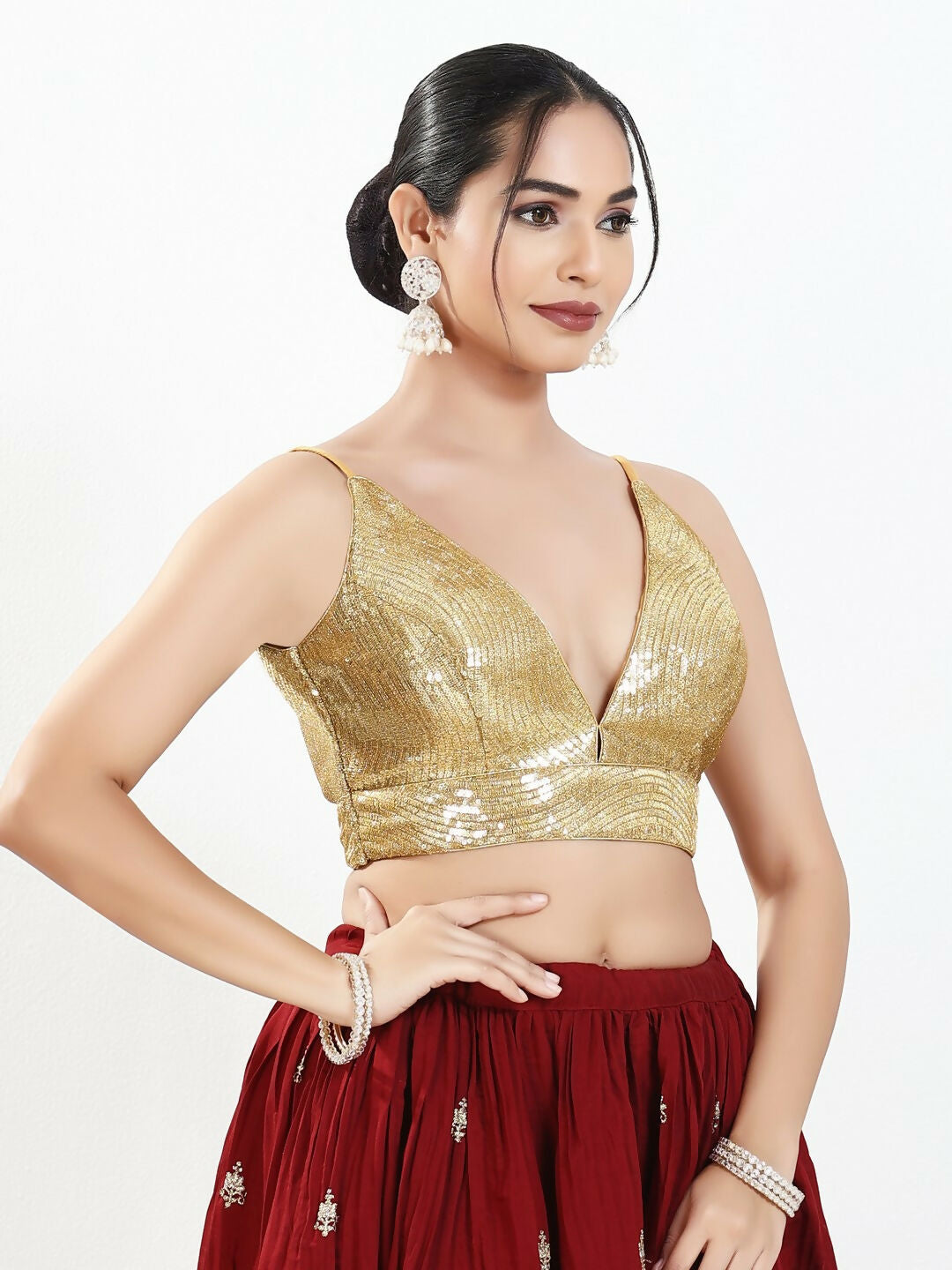 Joban Fashion Gold Sequins Padded Blouse With V Neck Sleeveless