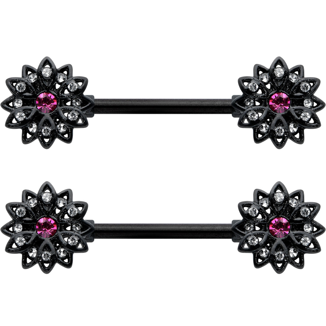14G 9/16 Clear Gem Black Midnight Flower Barbell Nipple Ring Set