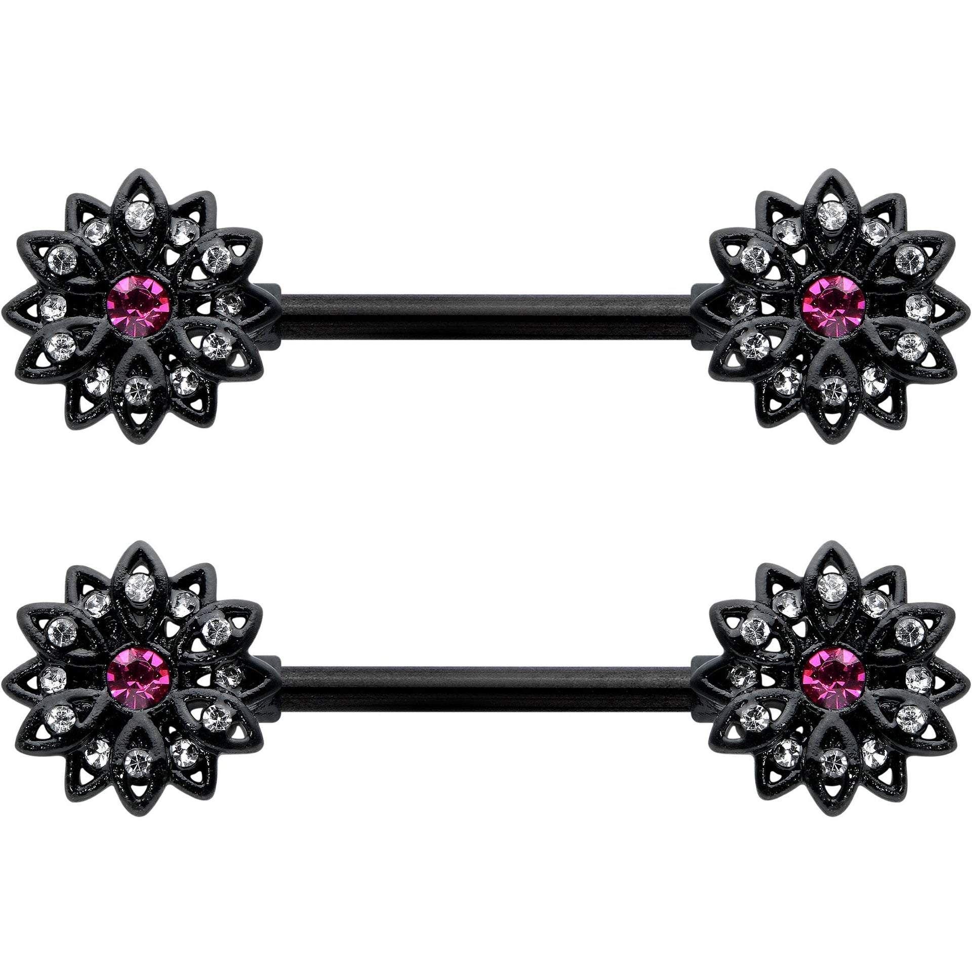 14G 9/16 Clear Gem Black Midnight Flower Barbell Nipple Ring Set