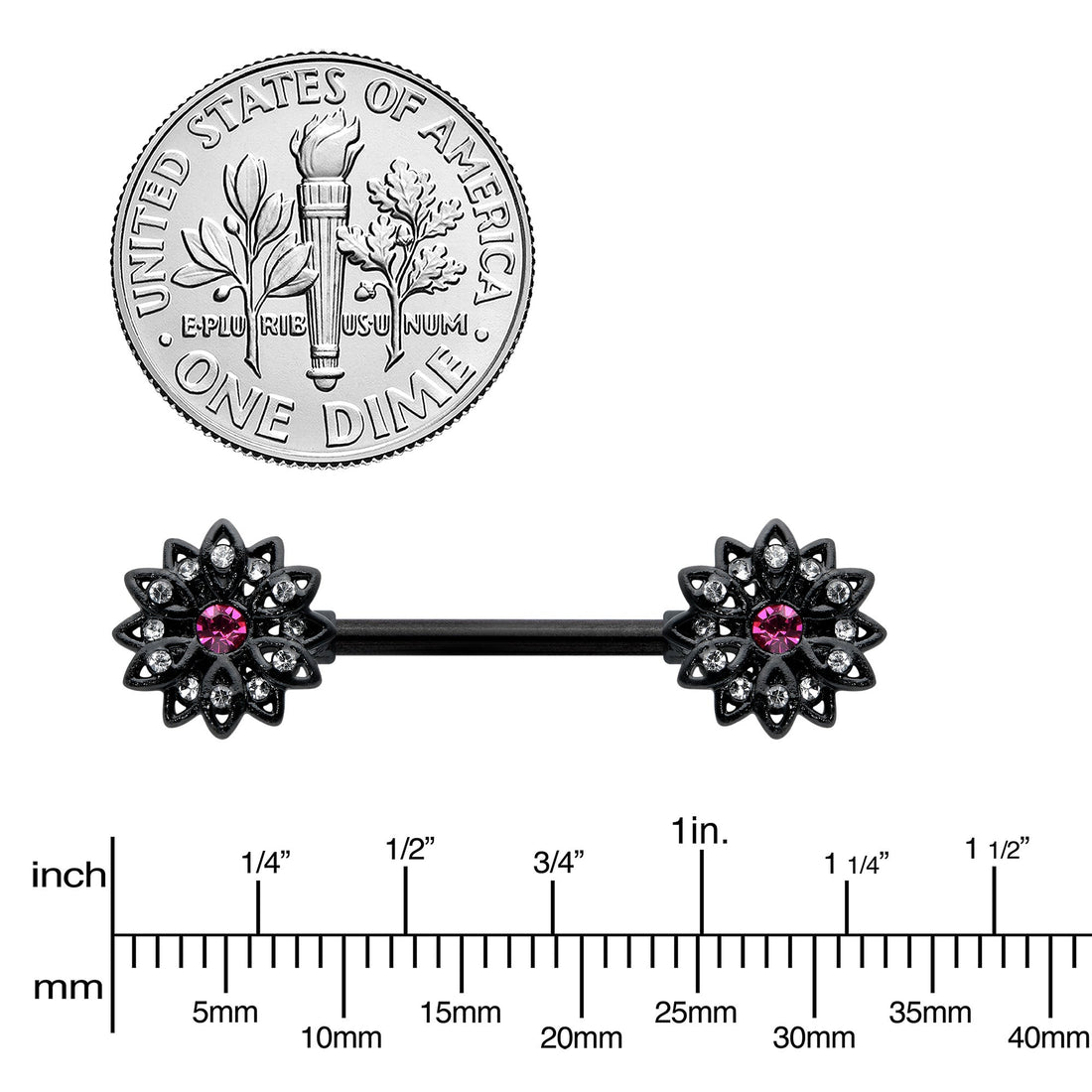 14G 9/16 Clear Gem Black Midnight Flower Barbell Nipple Ring Set