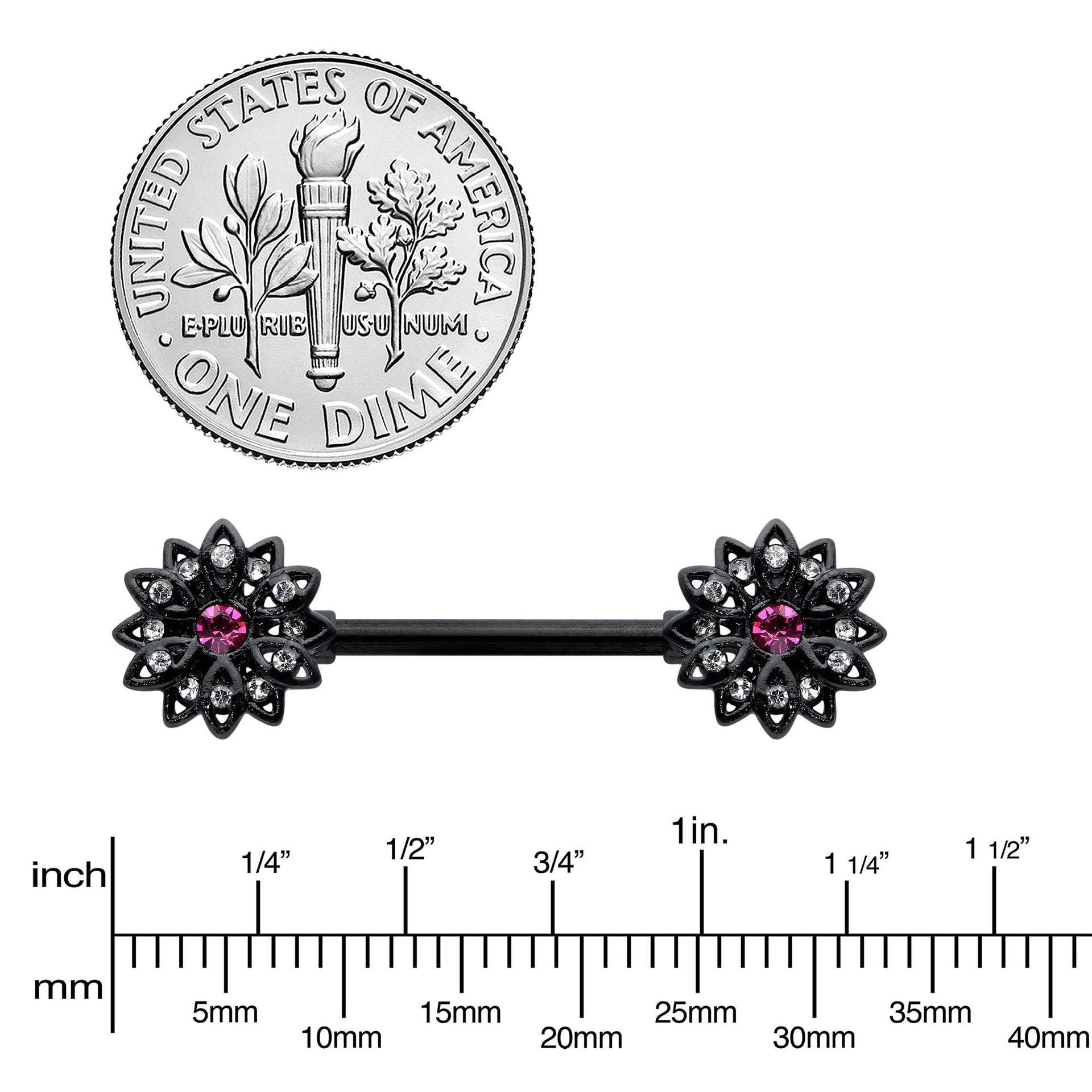 14G 9/16 Clear Gem Black Midnight Flower Barbell Nipple Ring Set