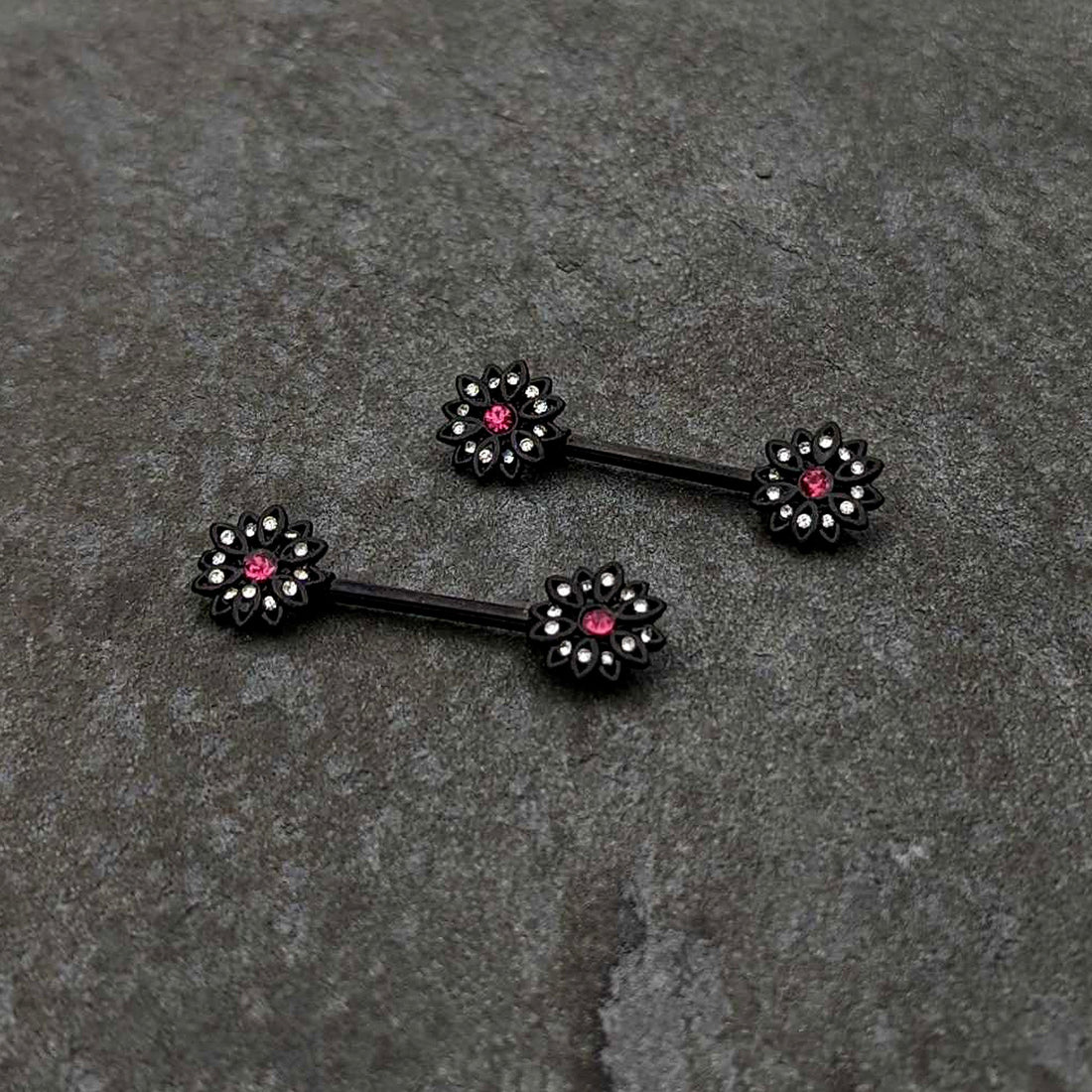 14G 9/16 Clear Gem Black Midnight Flower Barbell Nipple Ring Set