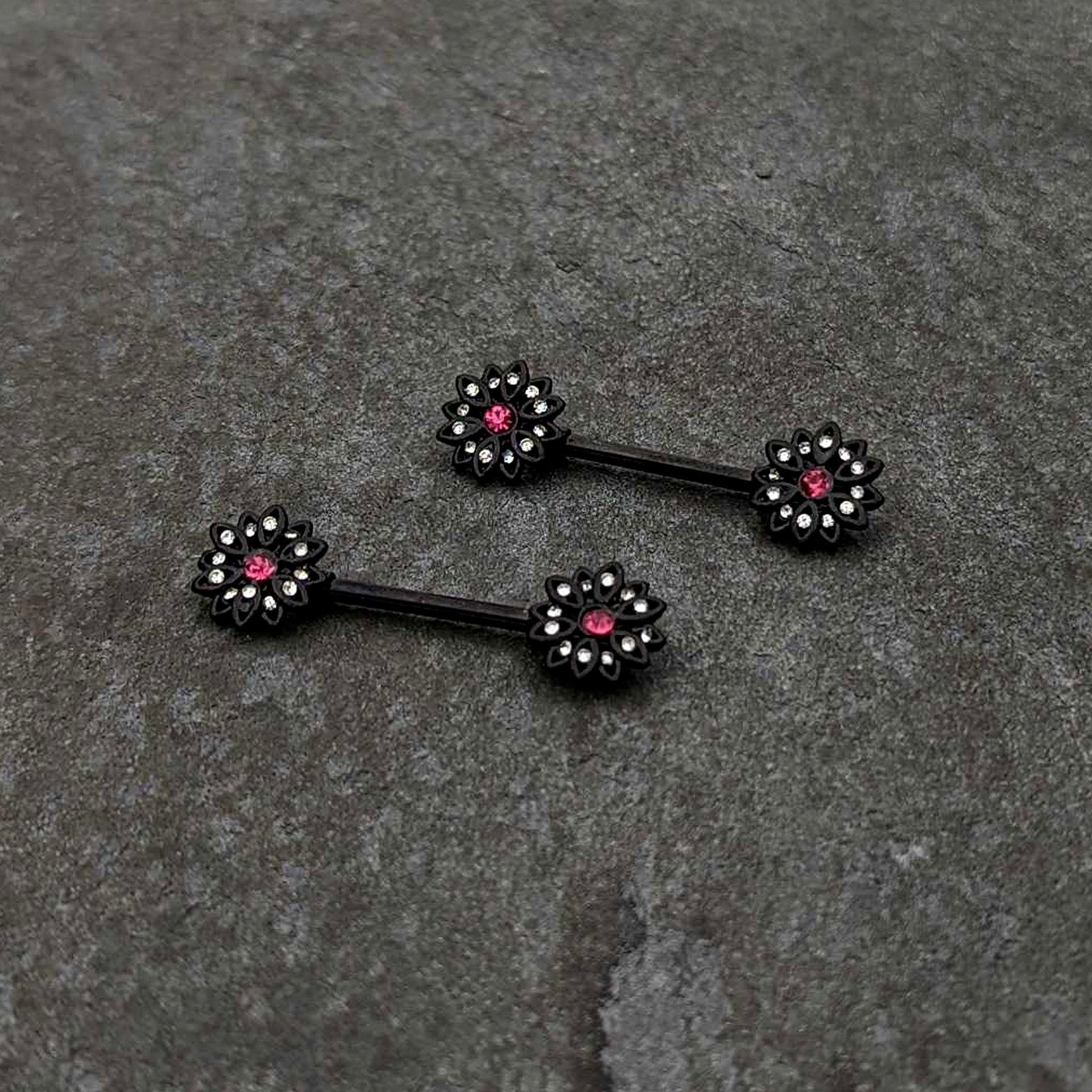 14G 9/16 Clear Gem Black Midnight Flower Barbell Nipple Ring Set