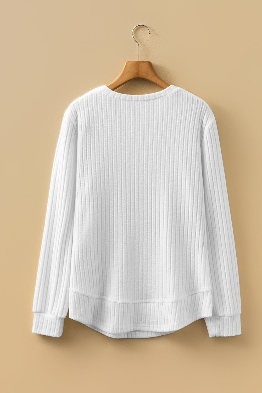 Women's Ribbed Knit Round Neck Top in Beige and White