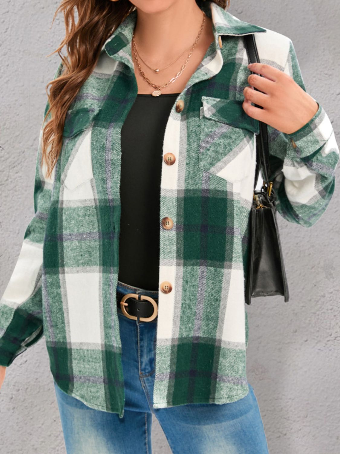 Women's Plaid Shacket with Collar and Chest Pockets - Image 12