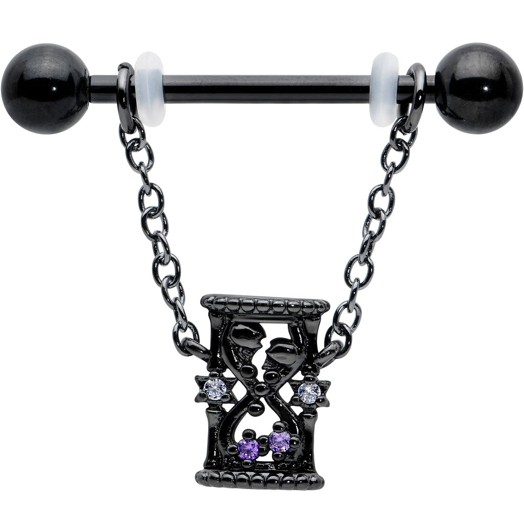 14G 5/8 Purple Gem Black Goth Hourglass Chain Dangle Nipple Ring Set