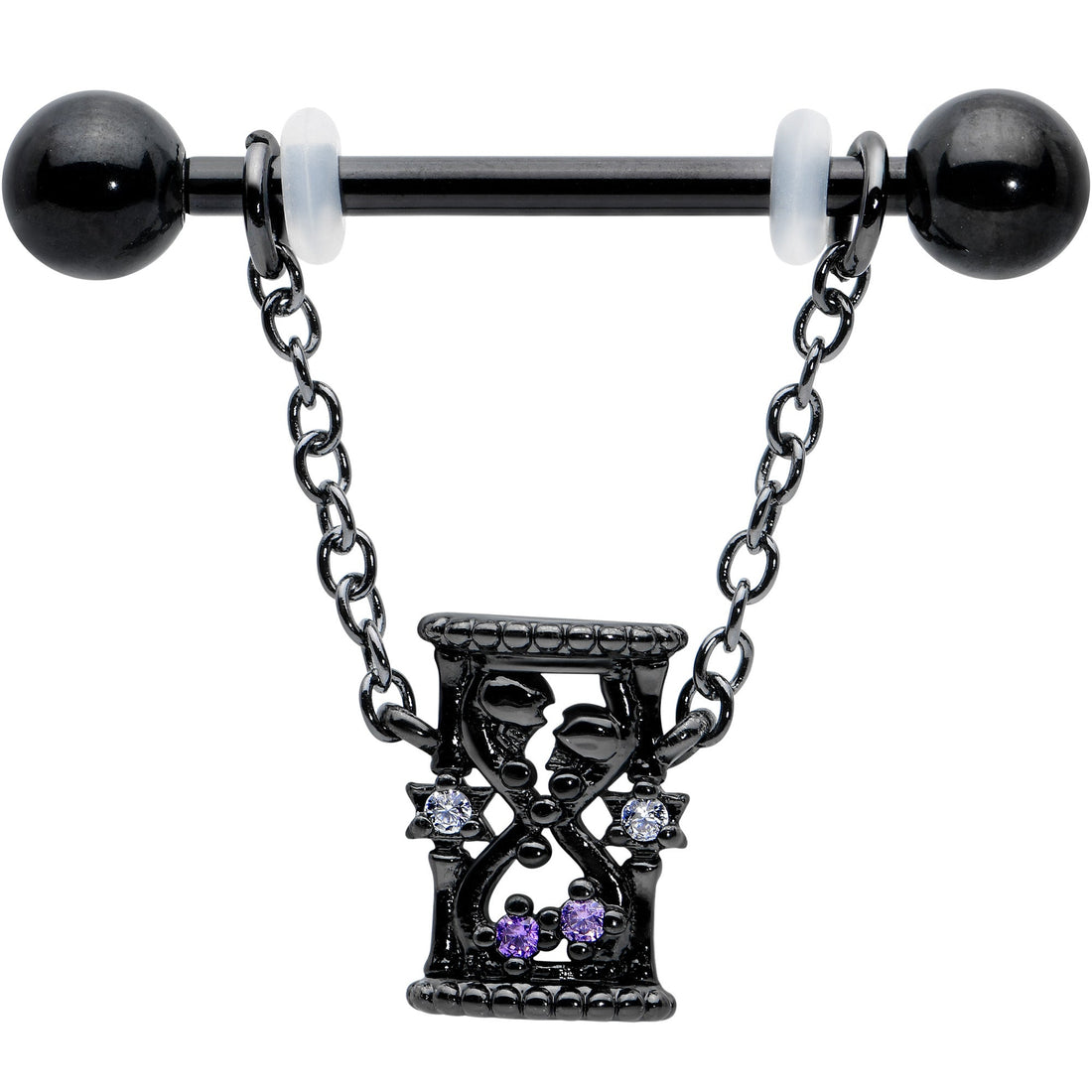 14G 5/8 Purple Gem Black Goth Hourglass Chain Dangle Nipple Ring Set