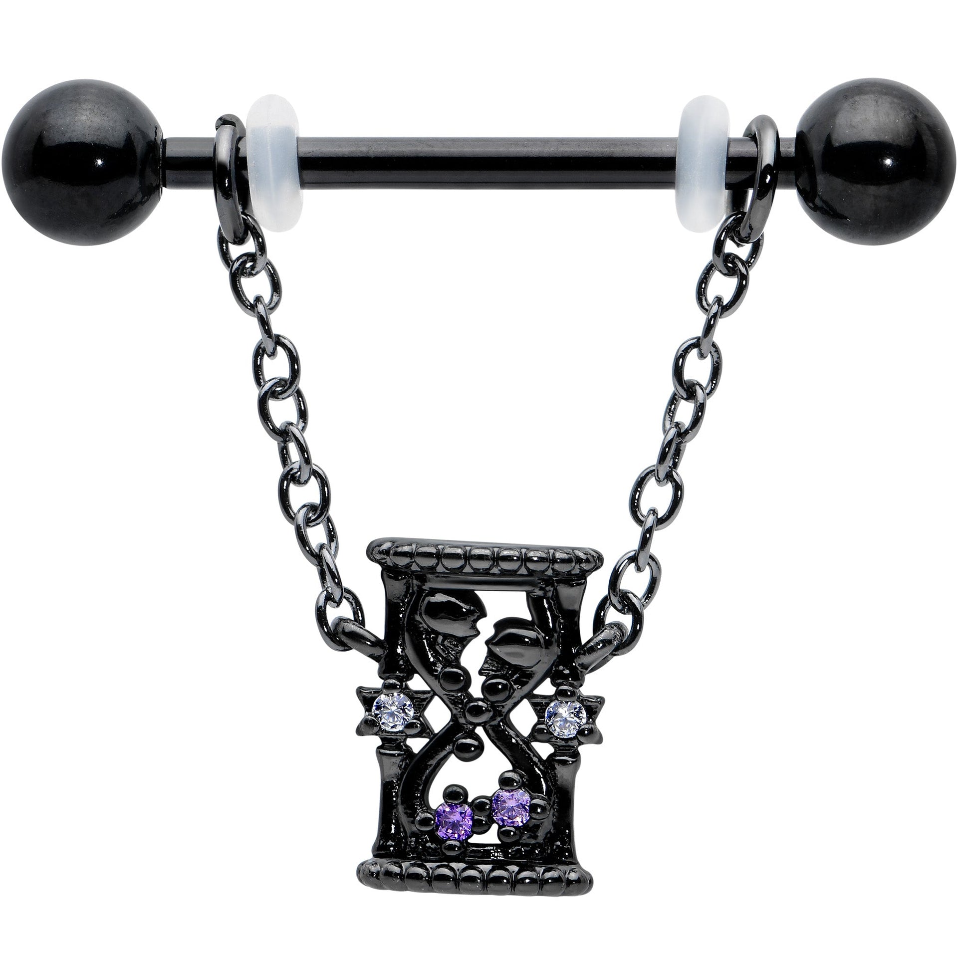 14G 5/8 Purple Gem Black Goth Hourglass Chain Dangle Nipple Ring Set