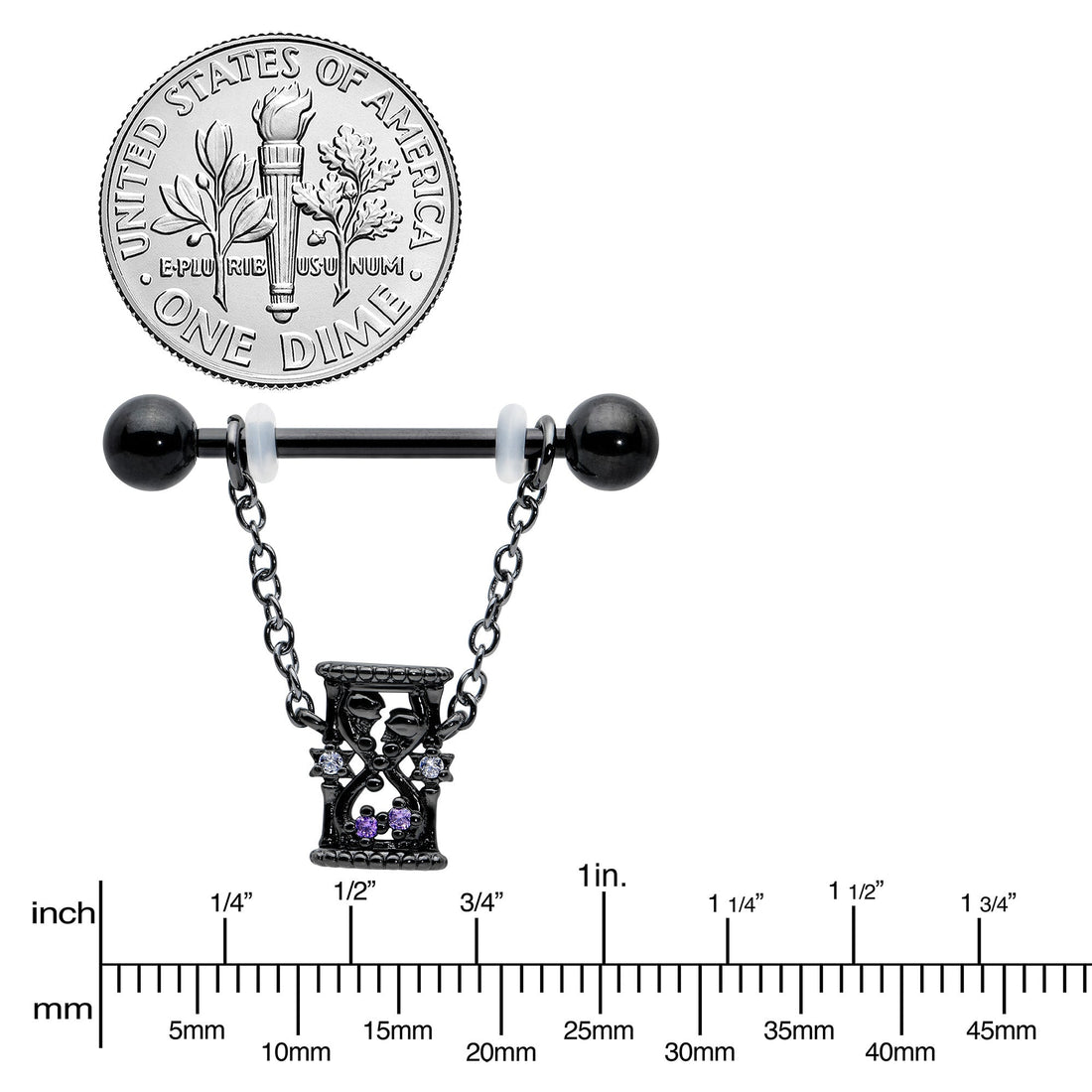14G 5/8 Purple Gem Black Goth Hourglass Chain Dangle Nipple Ring Set