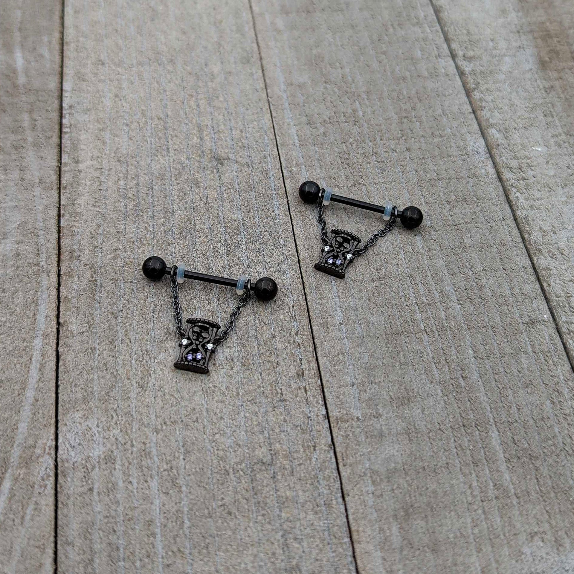 14G 5/8 Purple Gem Black Goth Hourglass Chain Dangle Nipple Ring Set