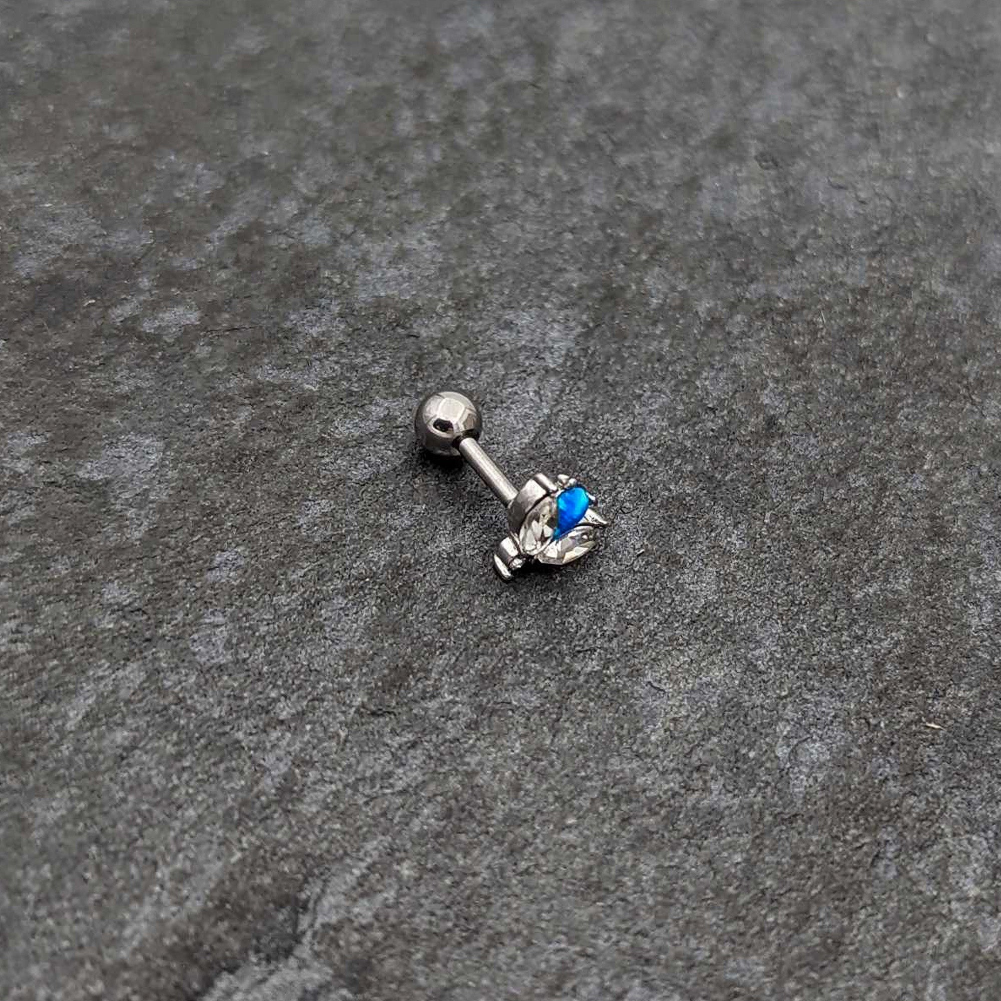16G 1/4 Blue Synthetic Opal Style Flower Cartilage Tragus Earring