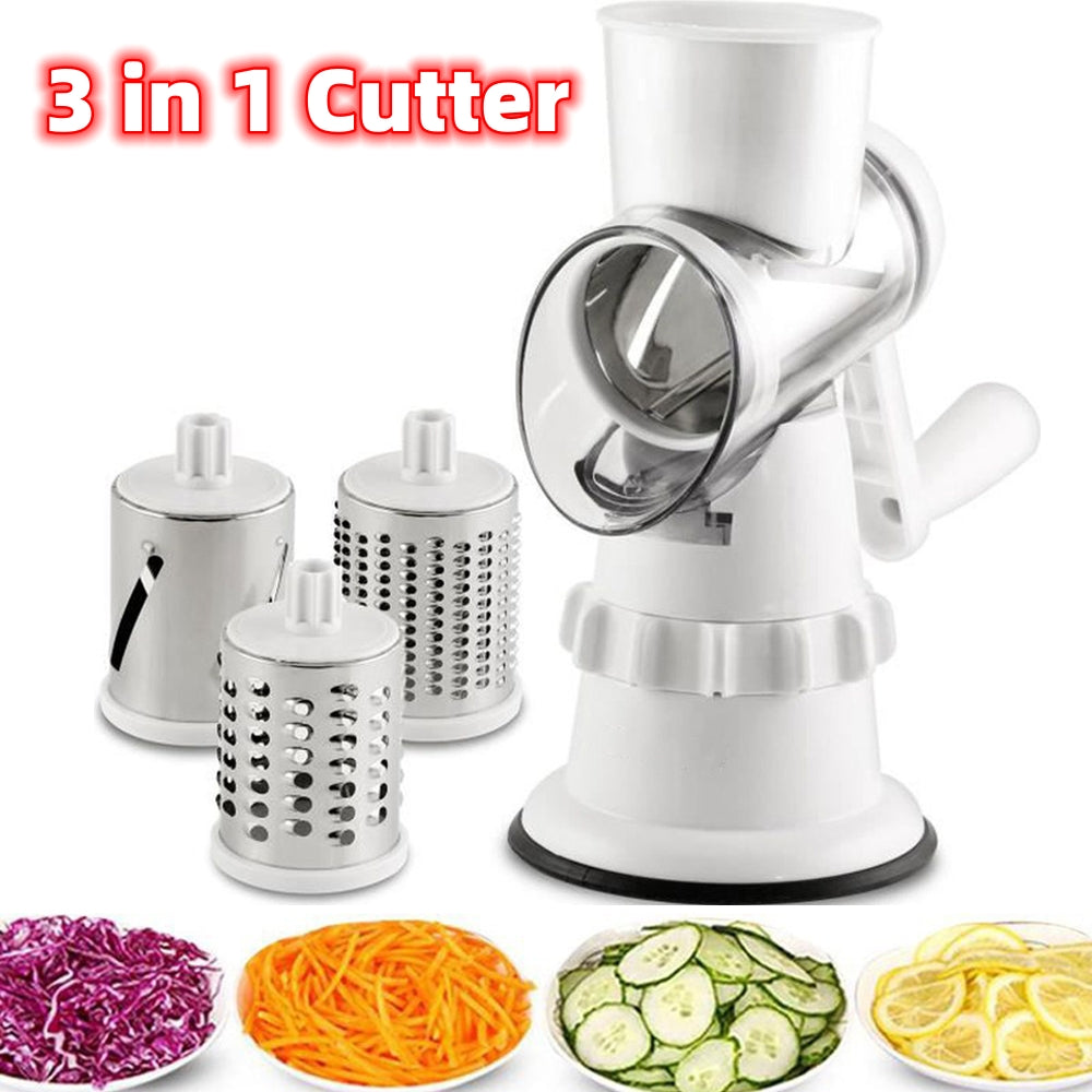 Modern 3-in-1 white manual vegetable slicer and rotary mandolin chopper on a clean kitchen countertop.