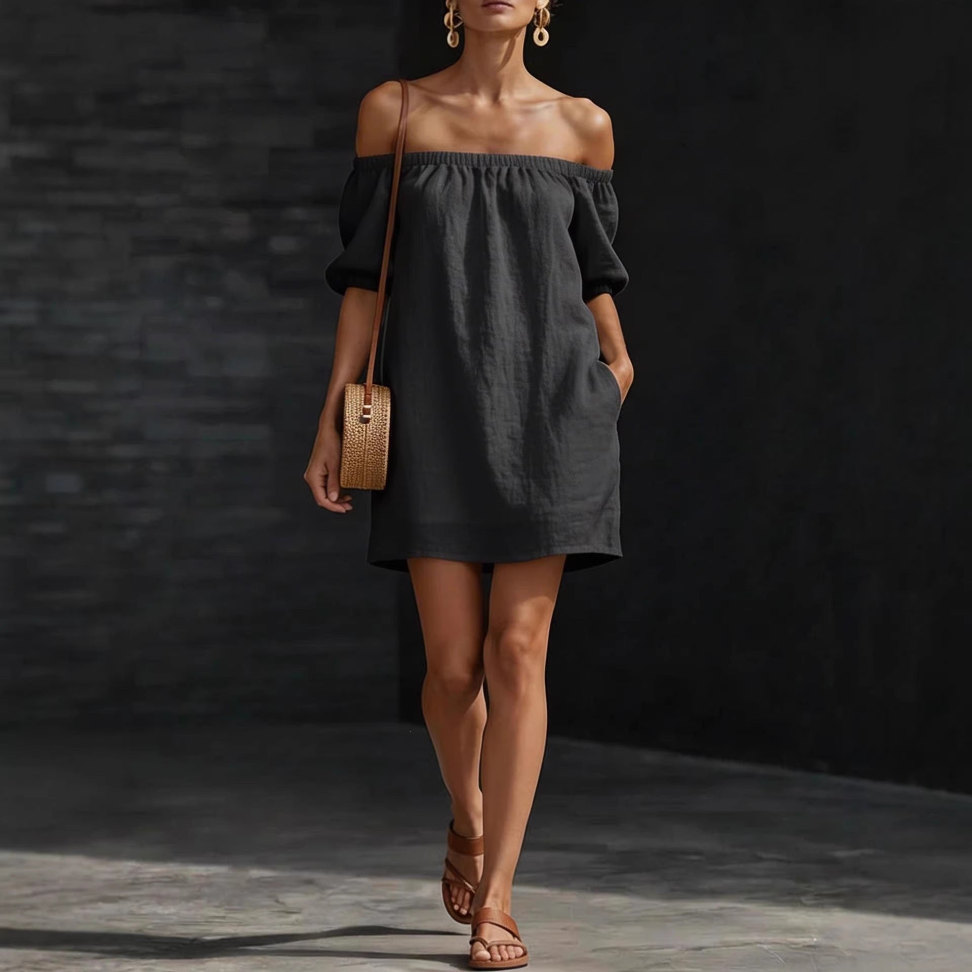 Women's Cotton Linen Off Shoulder Mini Dress with Puff Sleeves - Image 2
