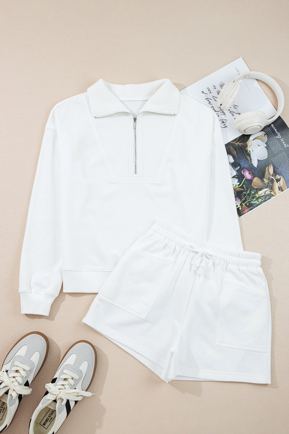 White Ribbed Collar Drop Shoulder Sweatshirt & Shorts Set