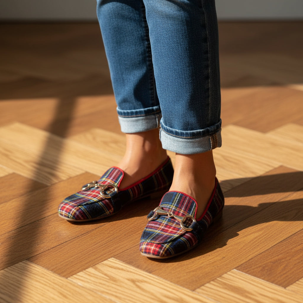 Women's Red and Blue Plaid Square Toe Buckle Loafer Flats - Image 5