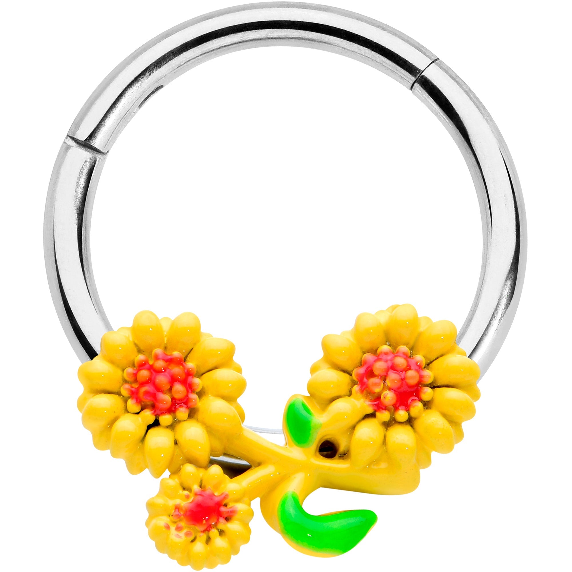 Yellow Sunflower Trio Hinged Segment Ring 16G 3/8 Septum Jewelry
