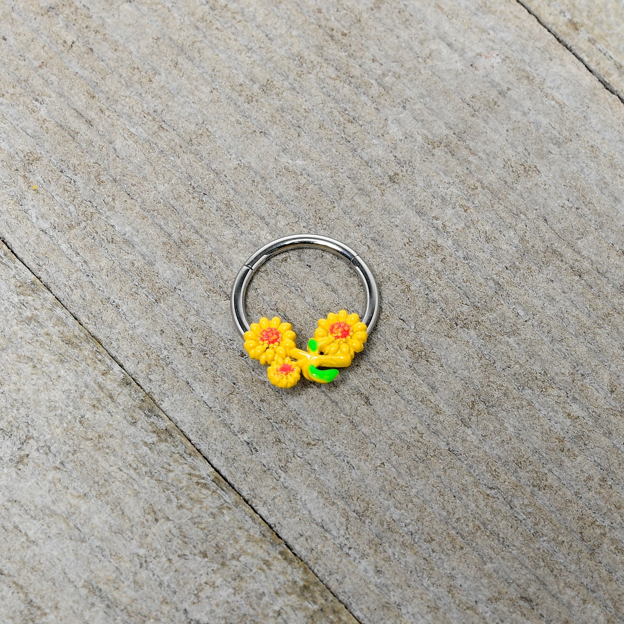 Yellow Sunflower Trio Hinged Segment Ring 16G 3/8 Septum Jewelry