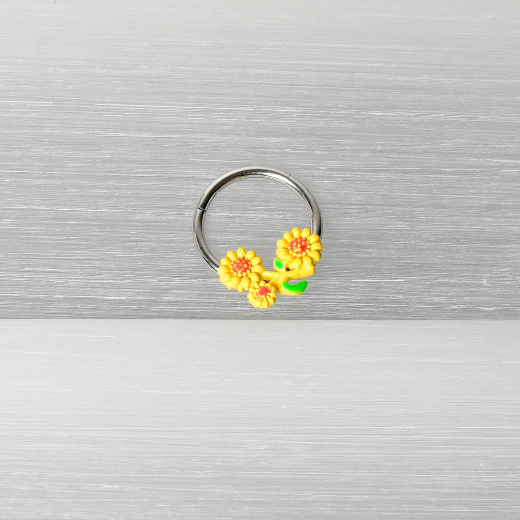 Yellow Sunflower Trio Hinged Segment Ring 16G 3/8 Septum Jewelry