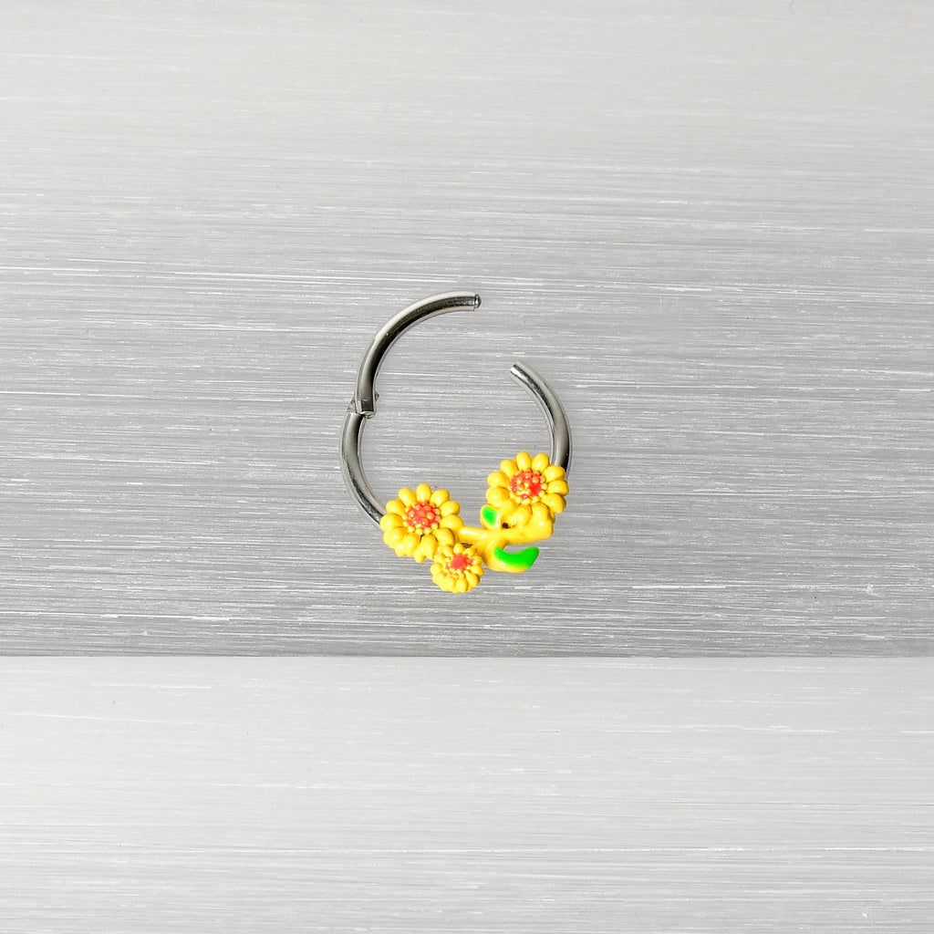 Yellow Sunflower Trio Hinged Segment Ring 16G 3/8 Septum Jewelry