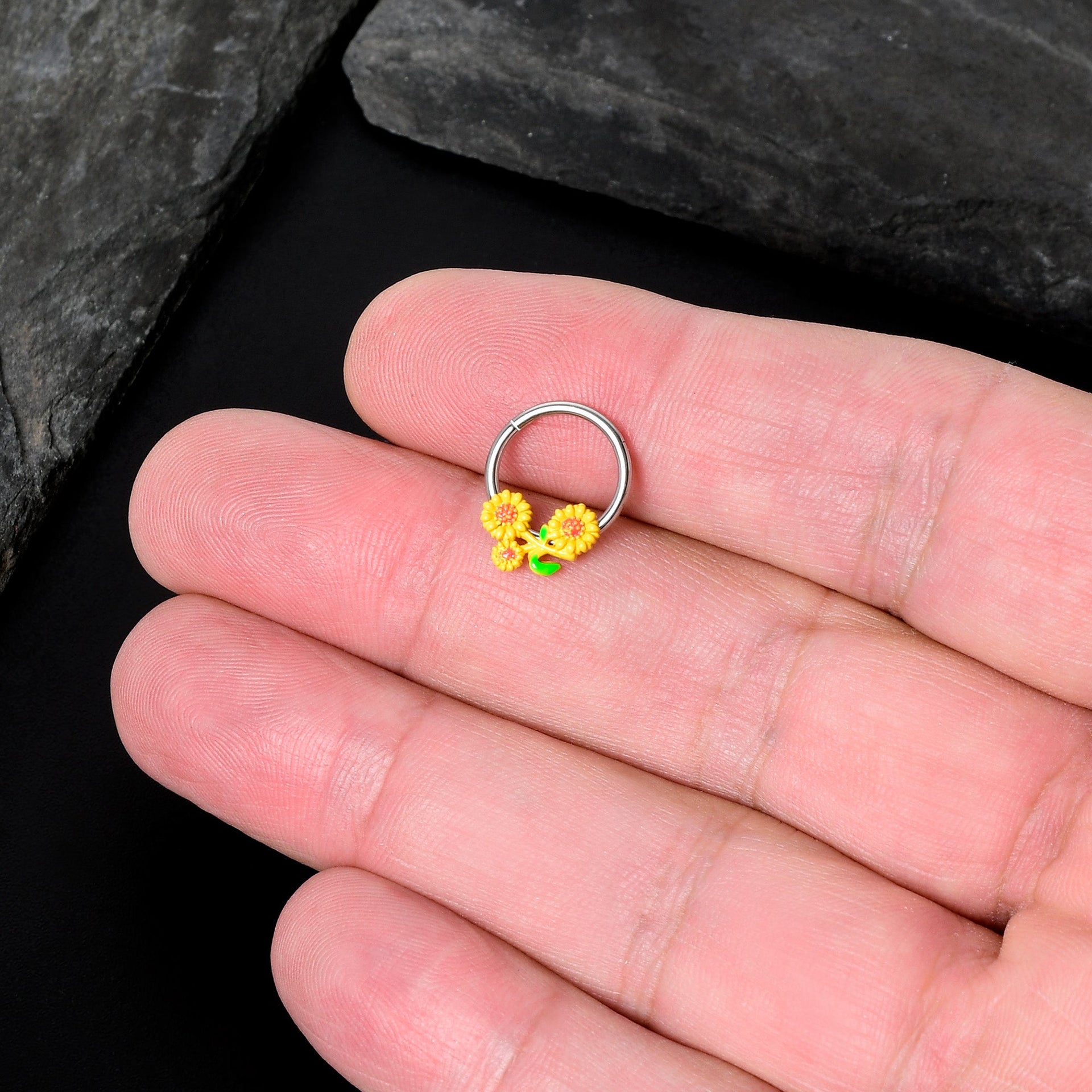 Yellow Sunflower Trio Hinged Segment Ring 16G 3/8 Septum Jewelry
