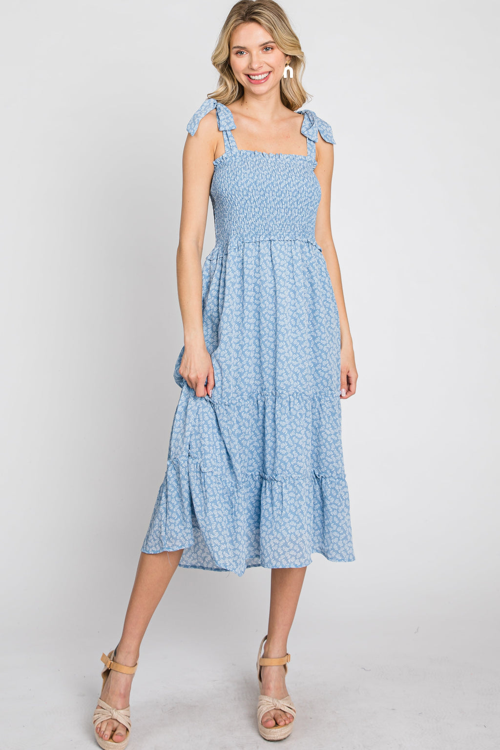 Blue Floral Sleeveless Smocked Tiered Midi Dress
