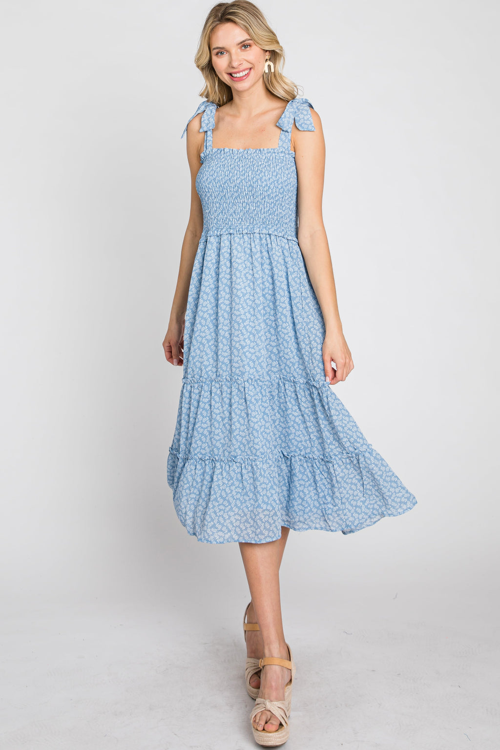 Blue Floral Sleeveless Smocked Tiered Midi Dress