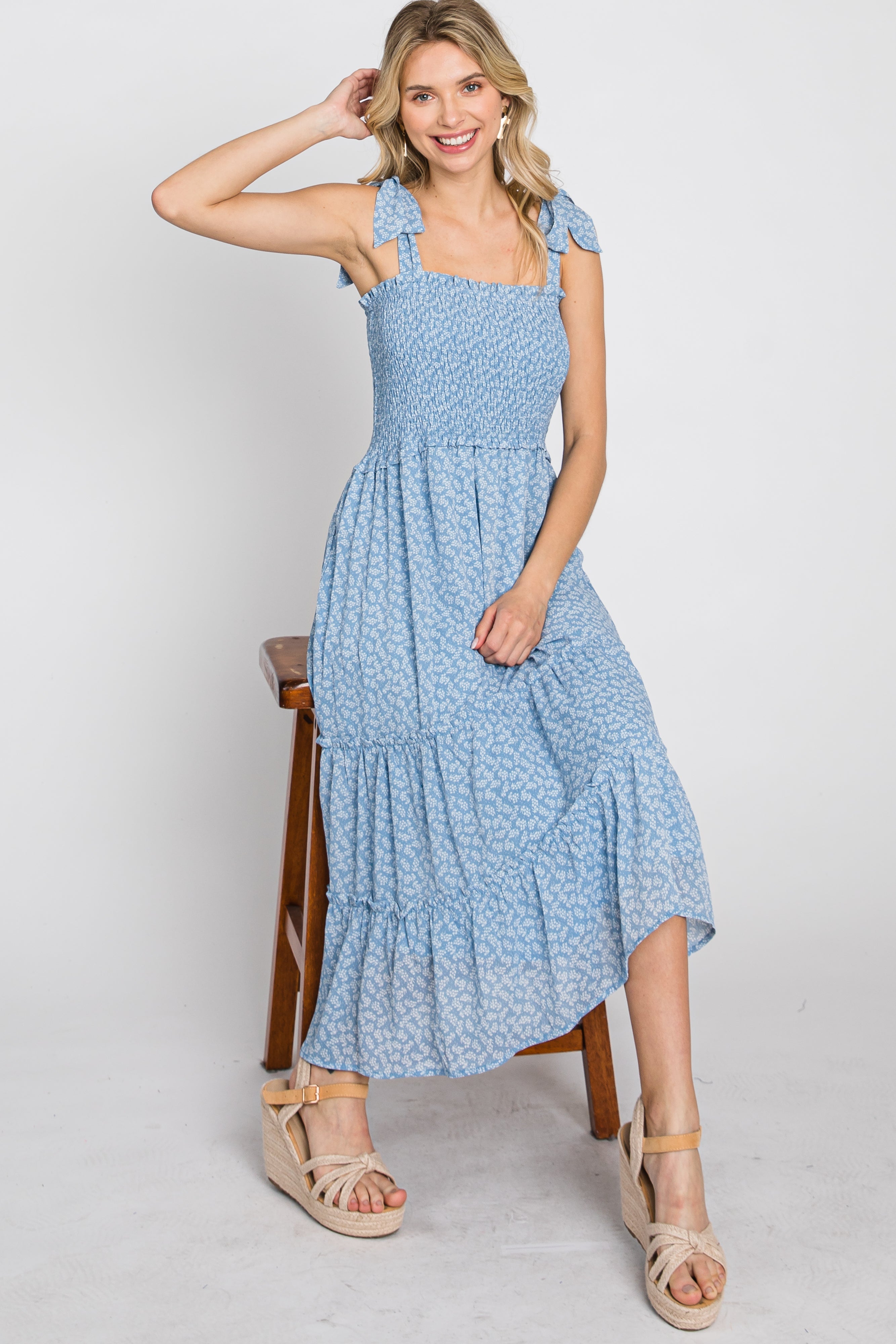 Blue Floral Sleeveless Smocked Tiered Midi Dress