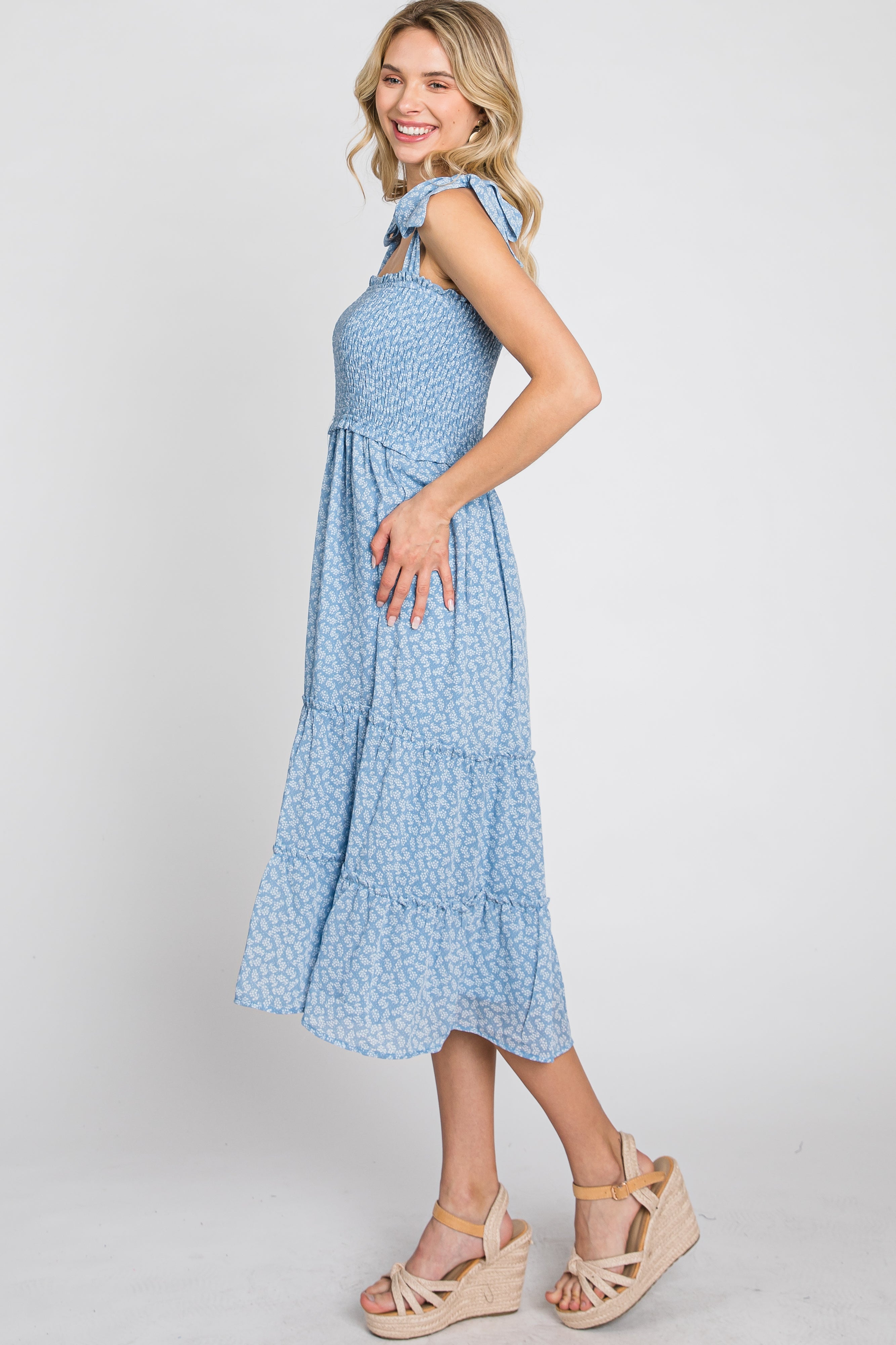 Blue Floral Sleeveless Smocked Tiered Midi Dress