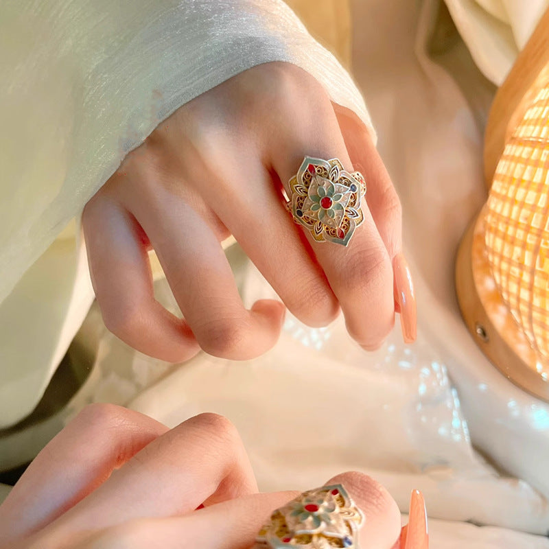 Misty Rain Gold-Embellished Enamel Peony Chinese-Style Hollow Open Ring