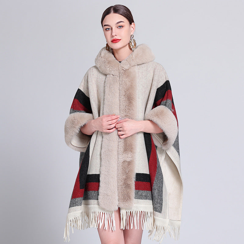 Women's Knitted Hooded Poncho with Fur Trim & Tassels for Winter