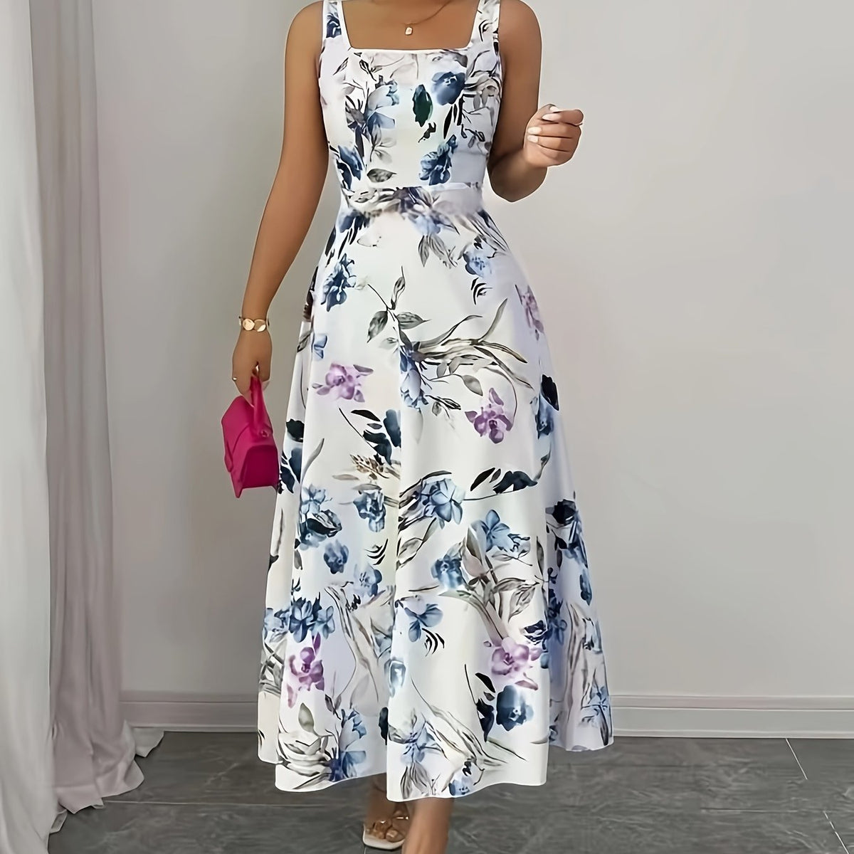 Elegant Floral A-Line Sleeveless Square Neck Long Dress