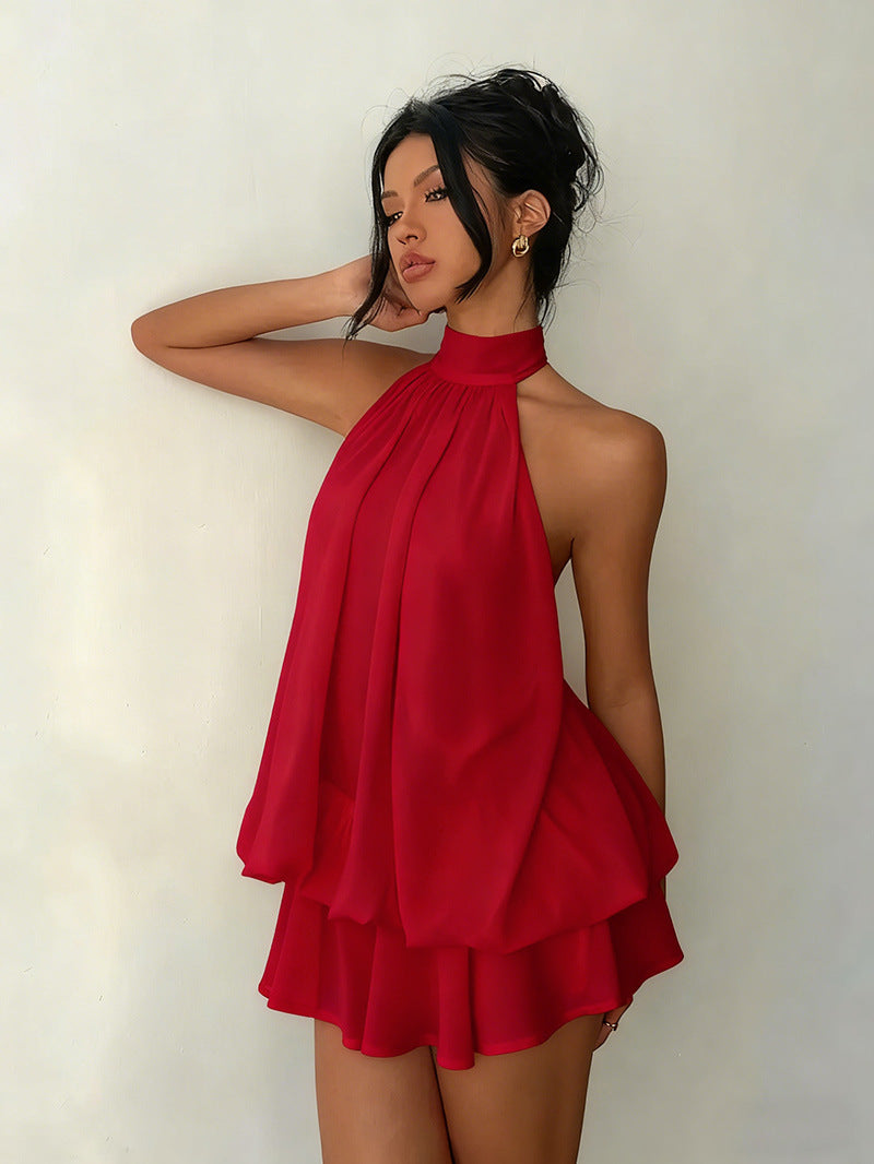 Backless Halter Neck High-Waist Mini Dress with Puffy Skirt