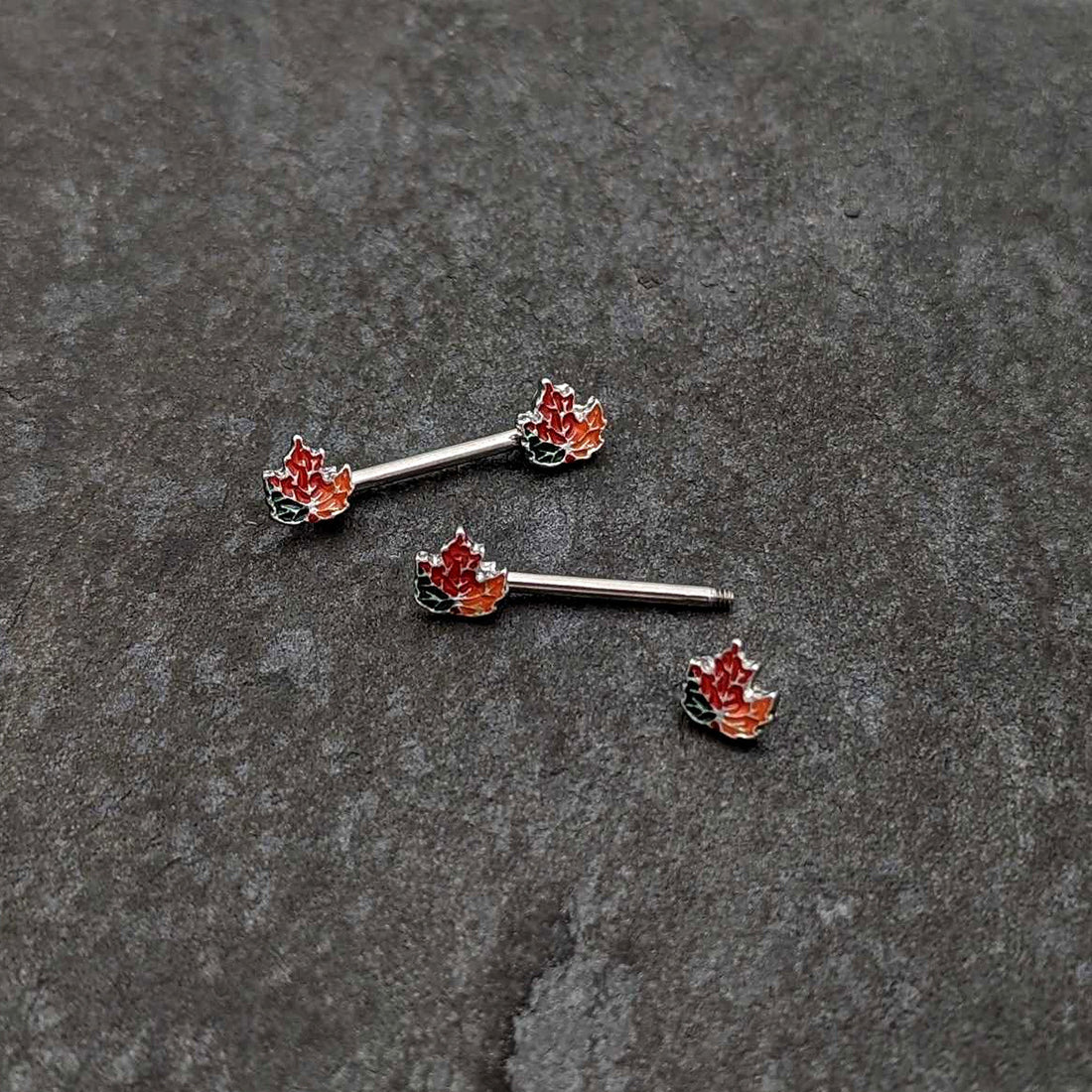 14G 9/16 Autumn Tricolor Maple Leaf Barbell Nipple Ring Set