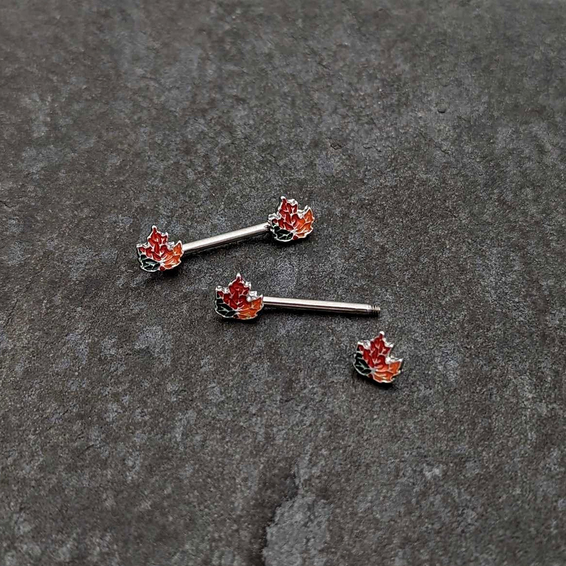 14G 9/16 Autumn Tricolor Maple Leaf Barbell Nipple Ring Set