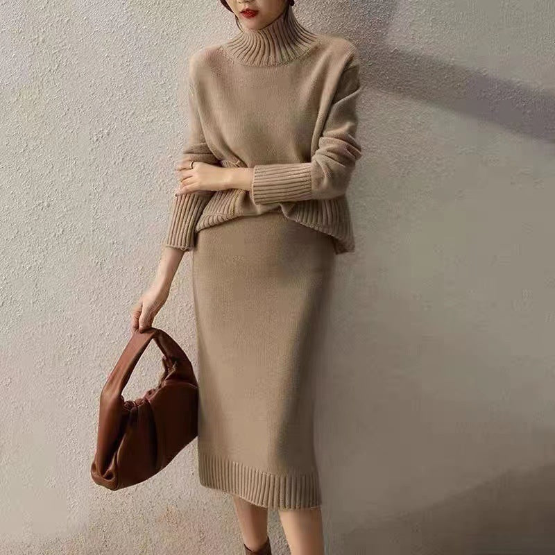 Cozy knit two-piece set with long sleeves and a loose-fit skirt
