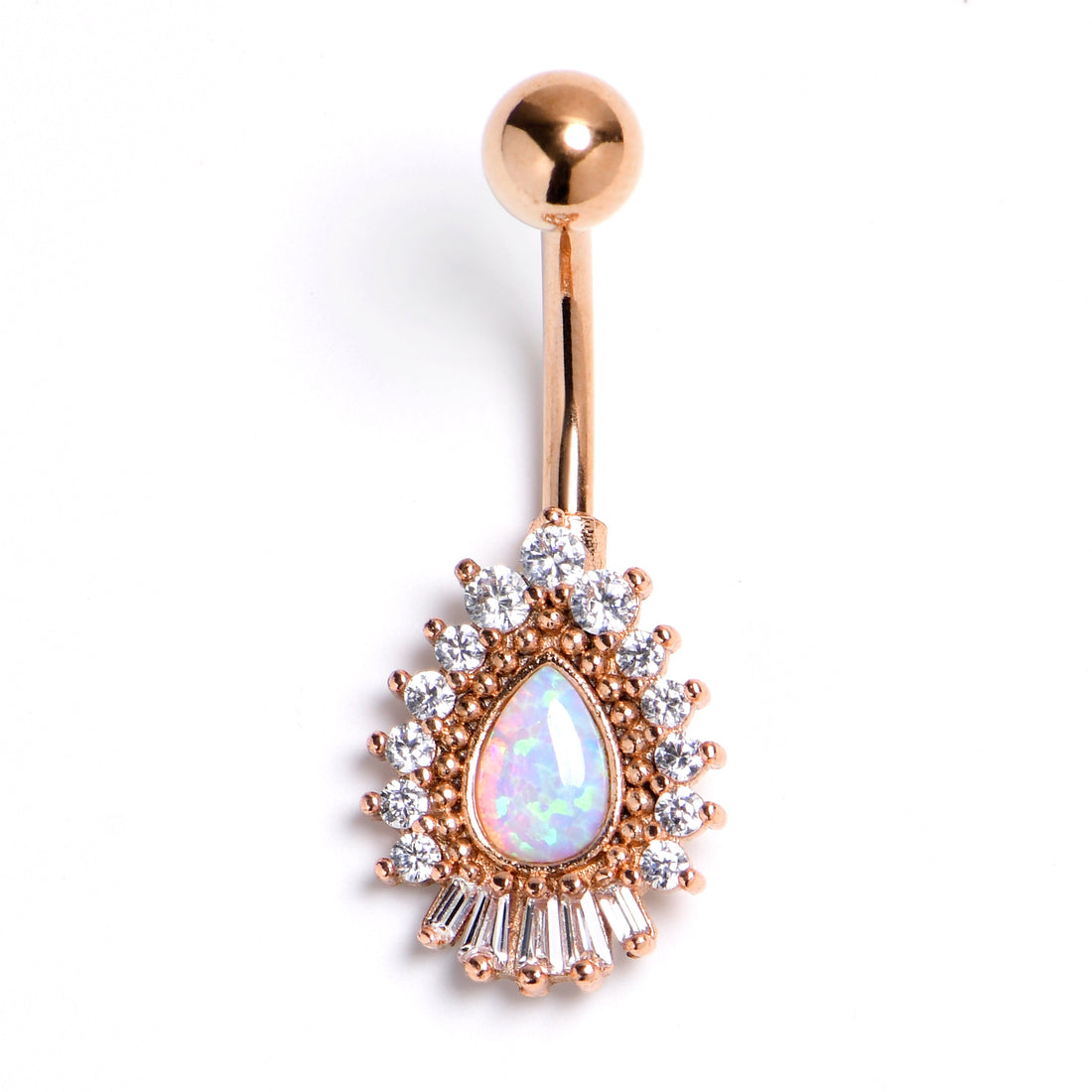 Rose gold tone navel ring featuring a teardrop white synthetic opal charm surrounded by clear cubic zirconia gems.
