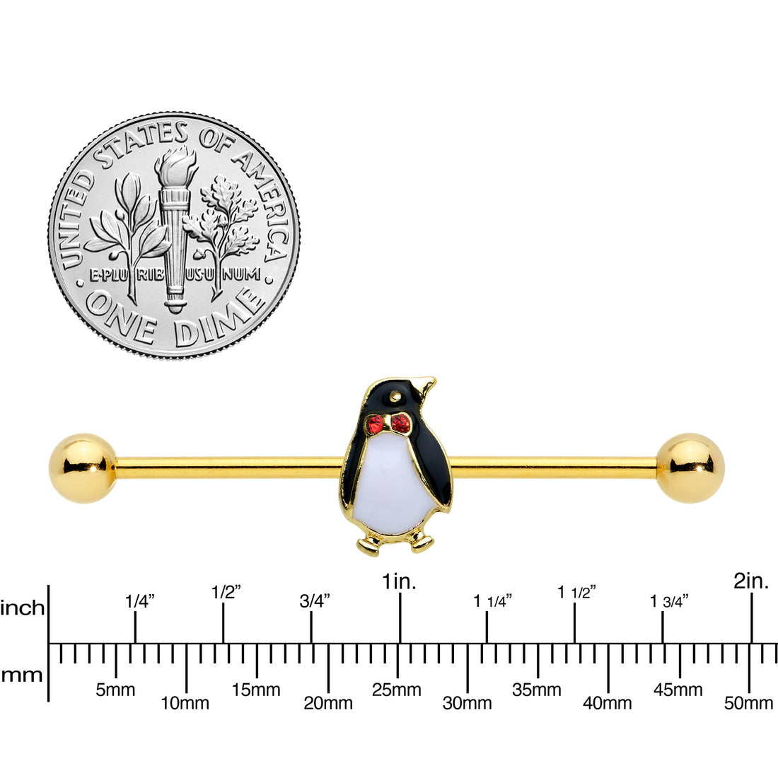 14G Red Gem Gold Tone Bow Tie Penguin Industrial Barbell 38mm