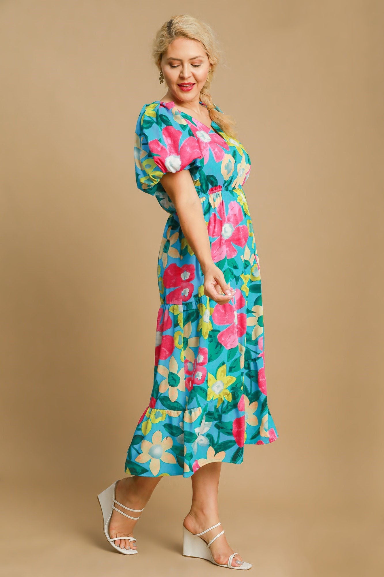 Floral Print Puff Sleeve Midi Dress with Tiered Flowy Hem