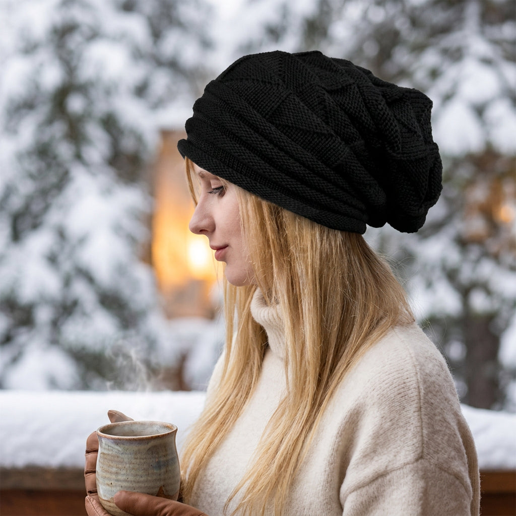 Wool Pleated Cuffed Knit Beanie – Flat Top Grid Pattern Winter Hat