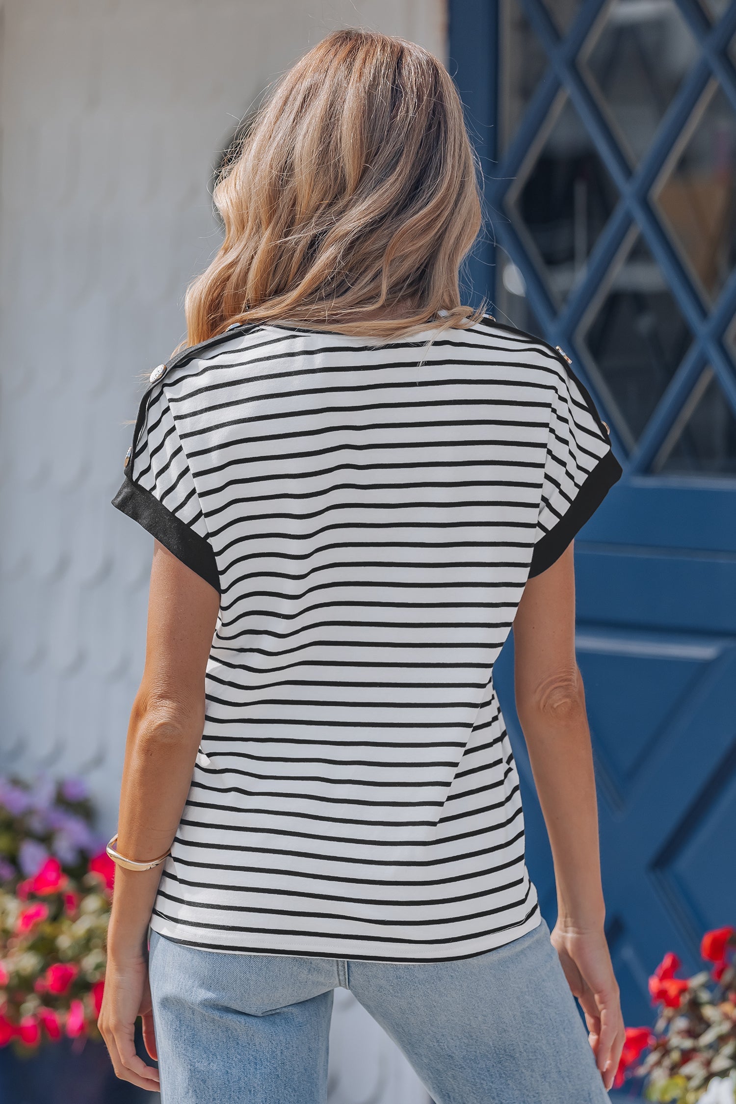 Stripe Buttoned Shoulder Cuffed Short Sleeve Tee