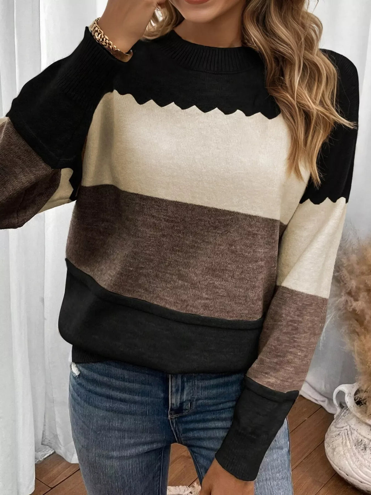 Color Block Crew Neck Drop Shoulder Sweater