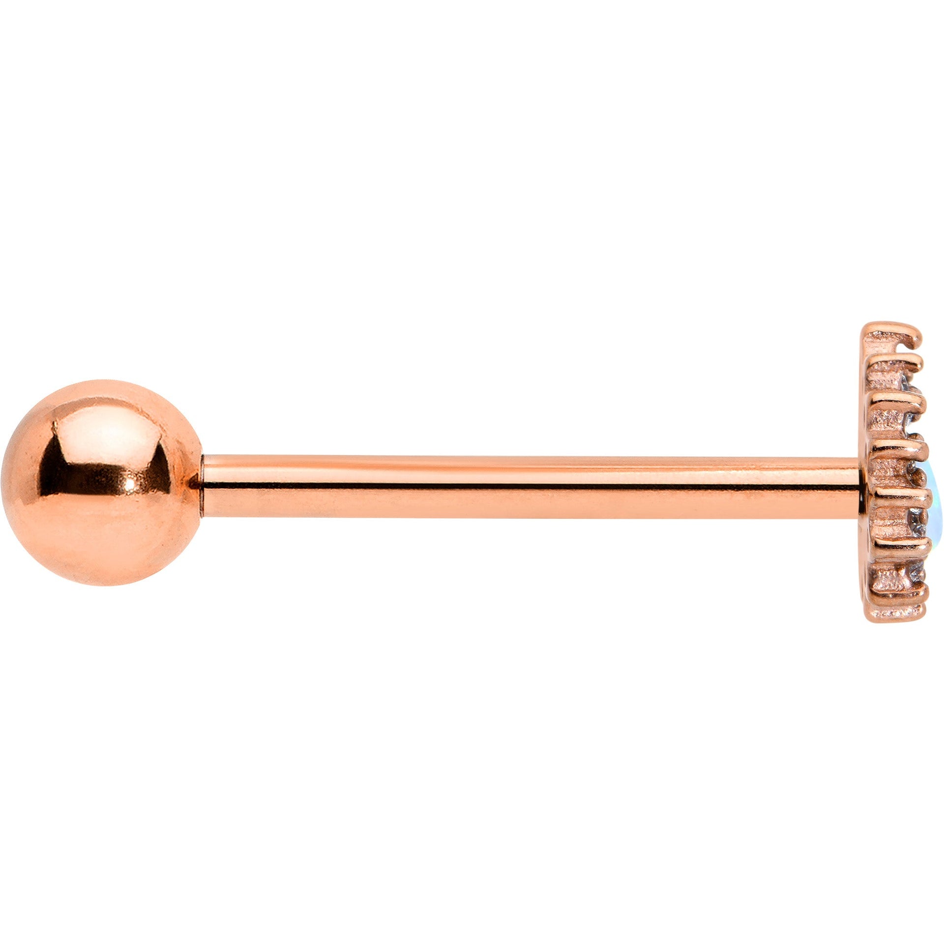 White Synthetic Opal Rose Gold Tone Drop Barbell Tongue Ring - Image 3