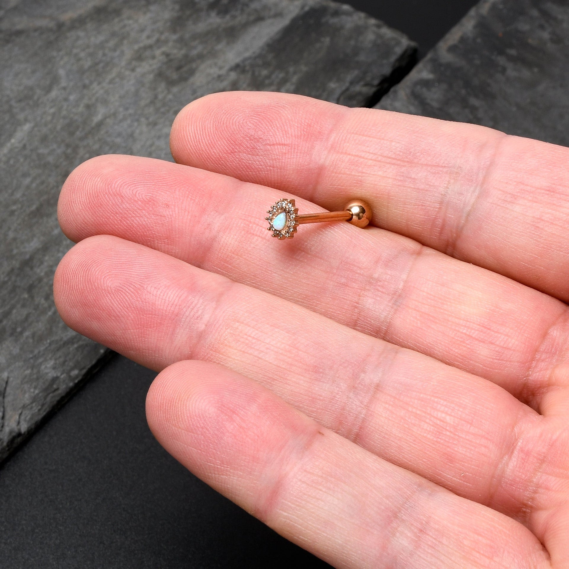 White Synthetic Opal Rose Gold Tone Drop Barbell Tongue Ring - Image 4