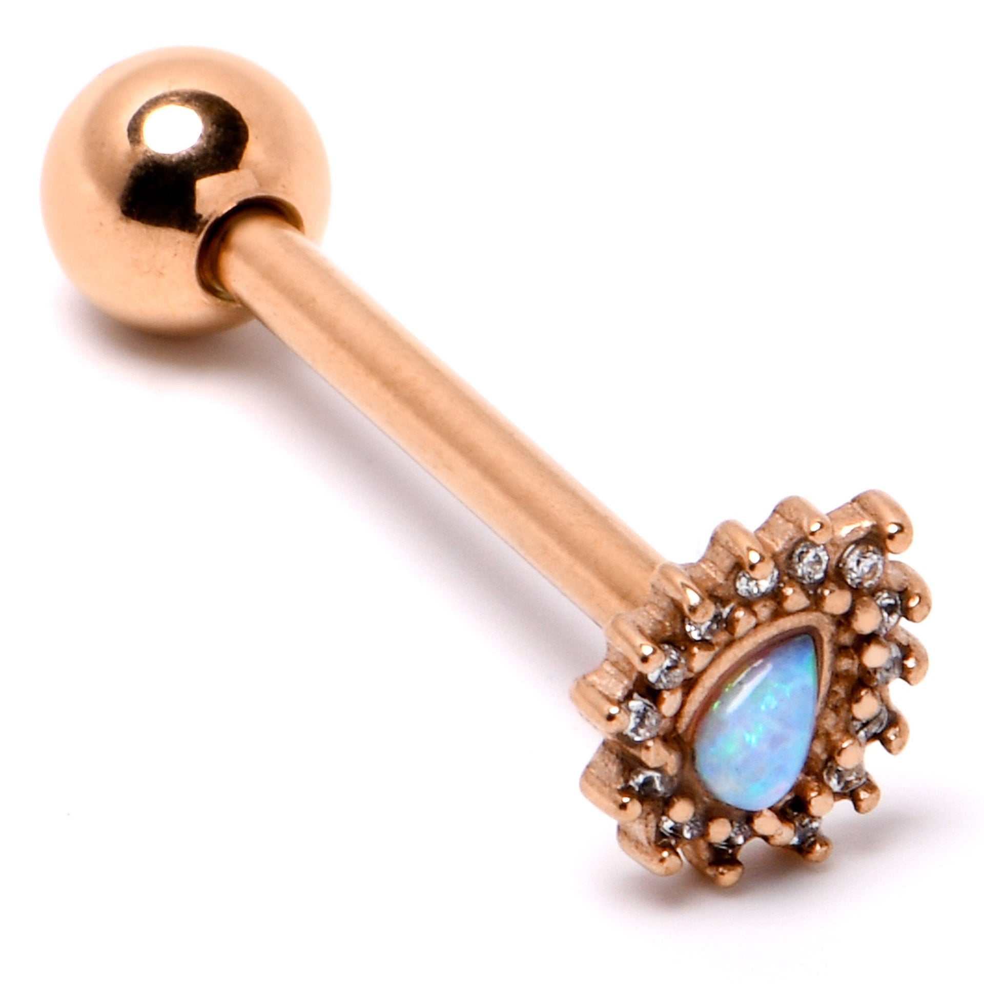 White Synthetic Opal Rose Gold Tone Drop Barbell Tongue Ring - Image 5