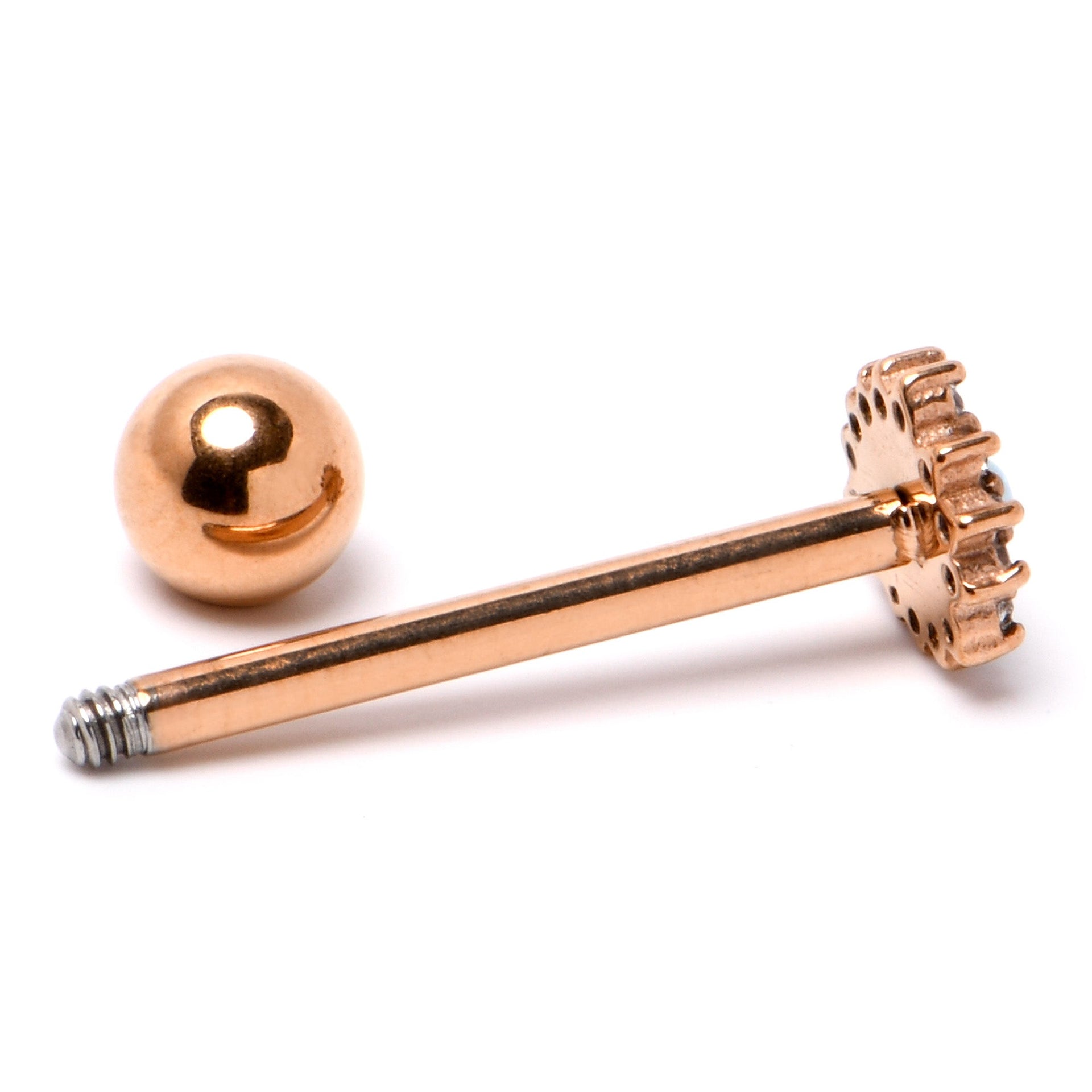 White Synthetic Opal Rose Gold Tone Drop Barbell Tongue Ring - Image 6