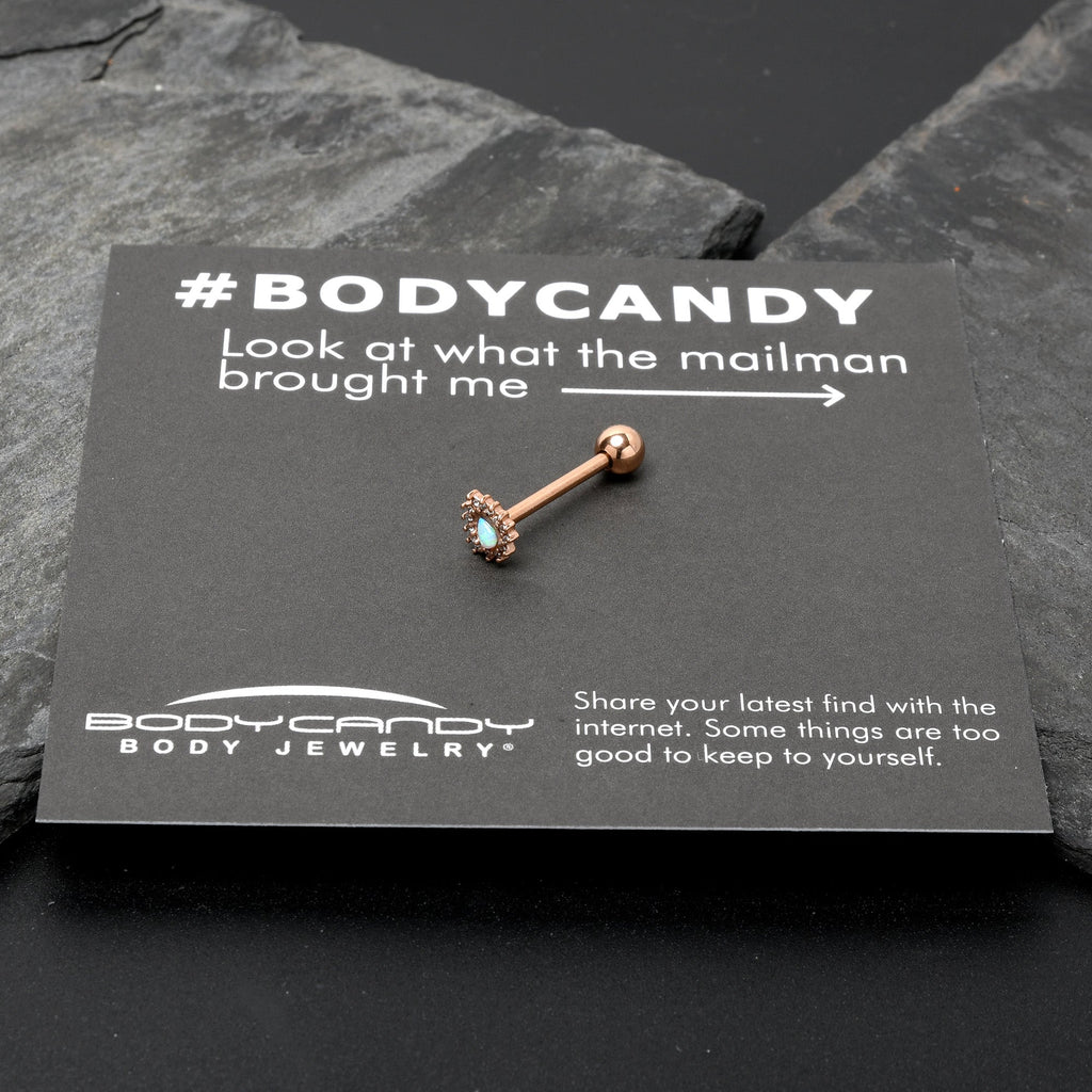 White Synthetic Opal Rose Gold Tone Drop Barbell Tongue Ring - Image 8