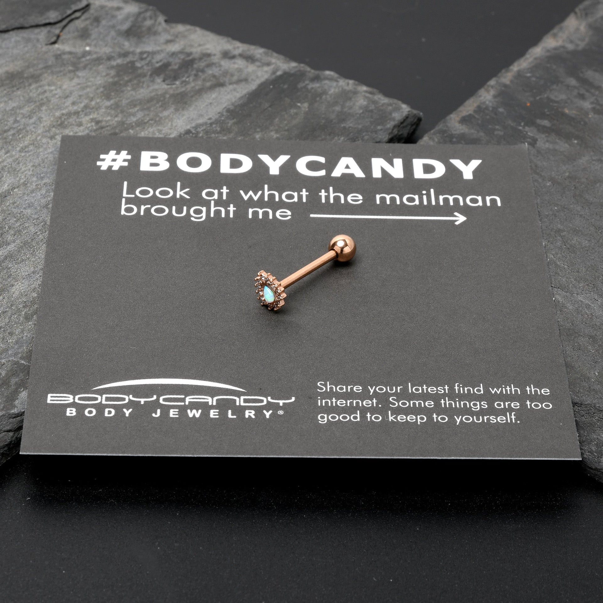 White Synthetic Opal Rose Gold Tone Drop Barbell Tongue Ring - Image 8