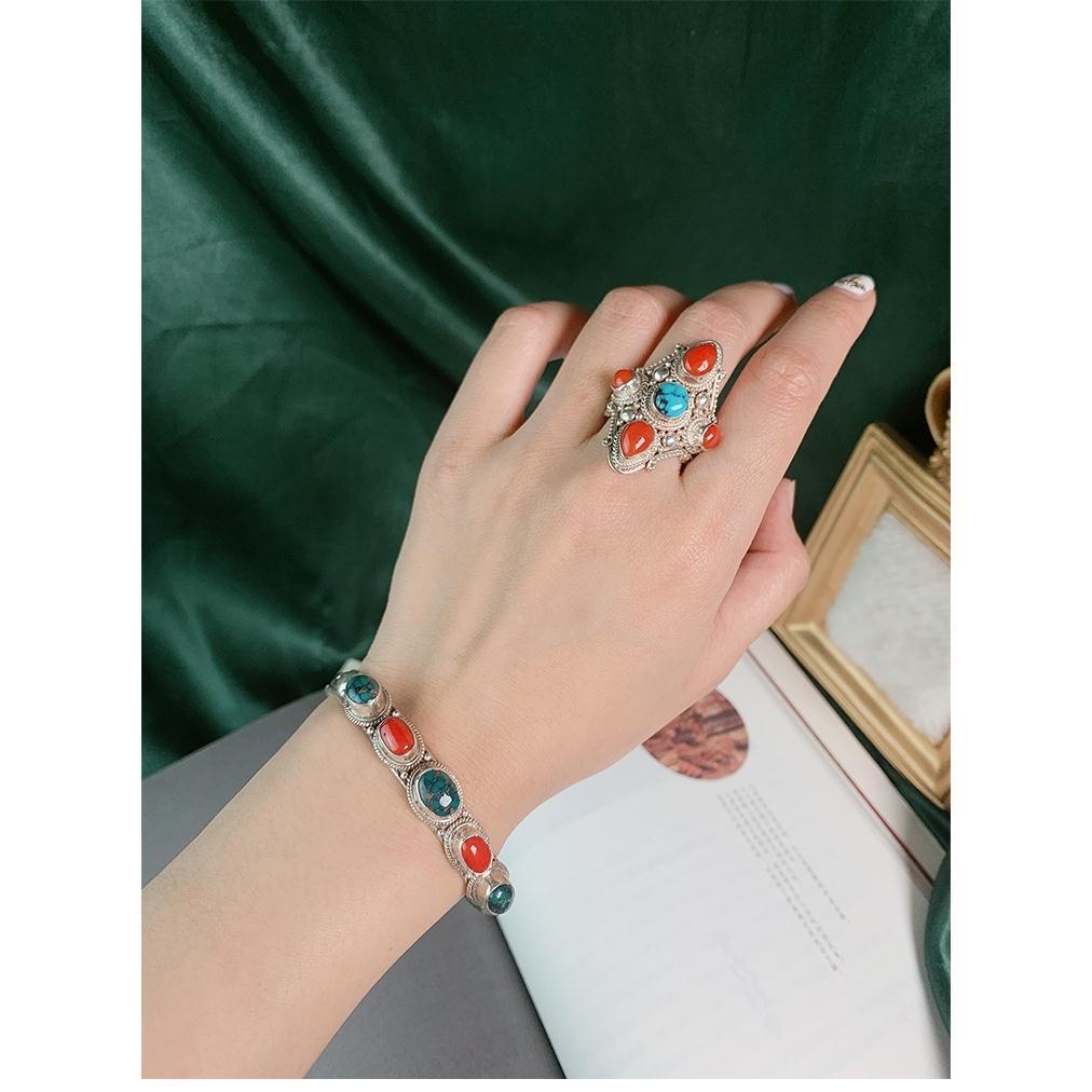 Yan Ran Nepalese Handmade Vintage Sterling Silver Inlaid Gemstone Turquoise Bracelet Personality Opening Silver Jewelry
