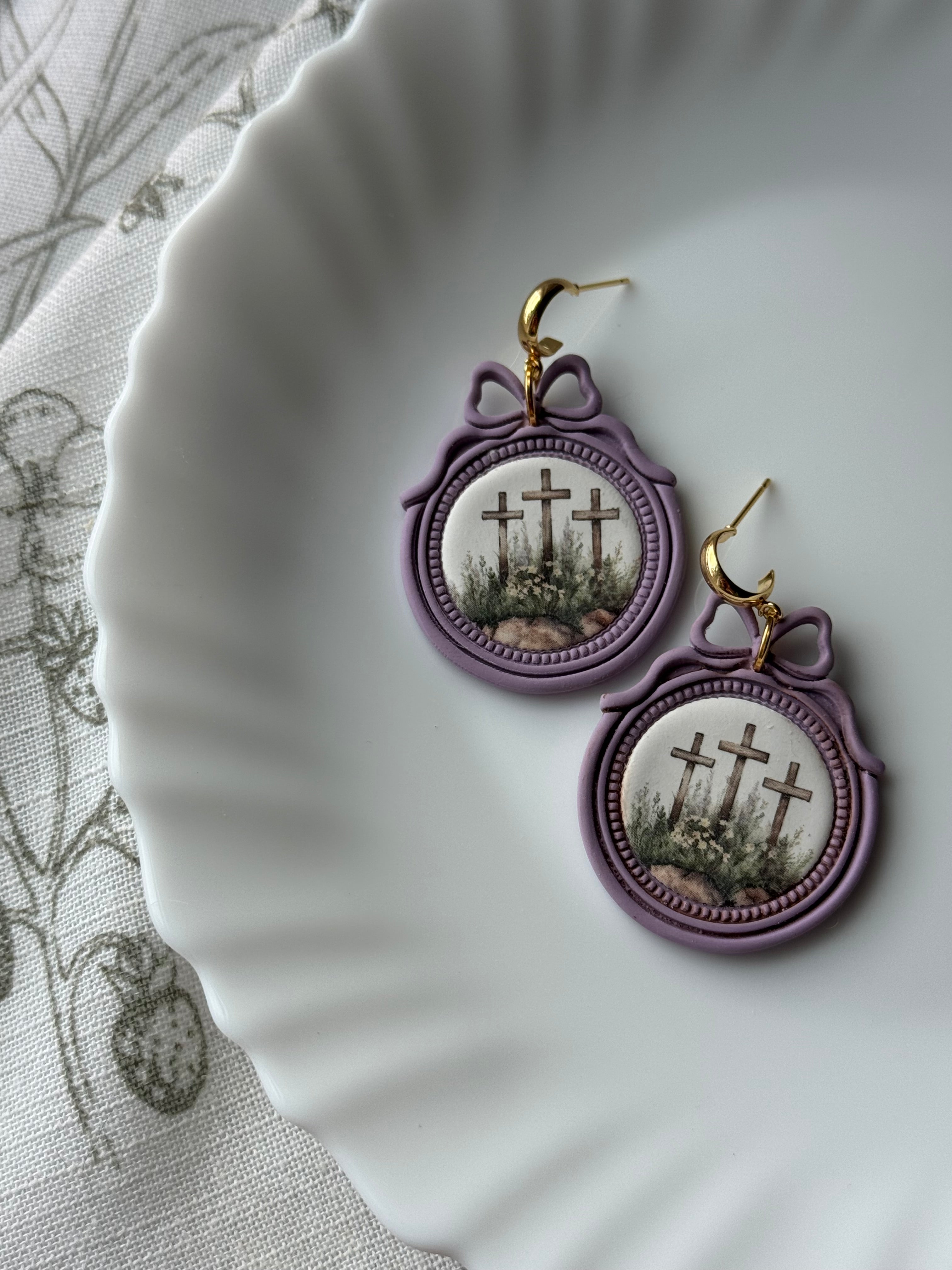 Purple Framed Crosses Handmade Polymer Clay Earrings
