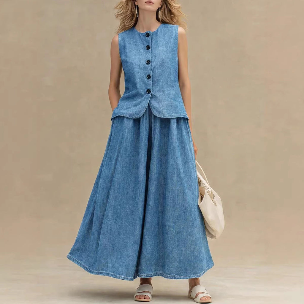 Womens Sleeveless Button Down Denim Vest and Maxi Skirt Set - Image 3